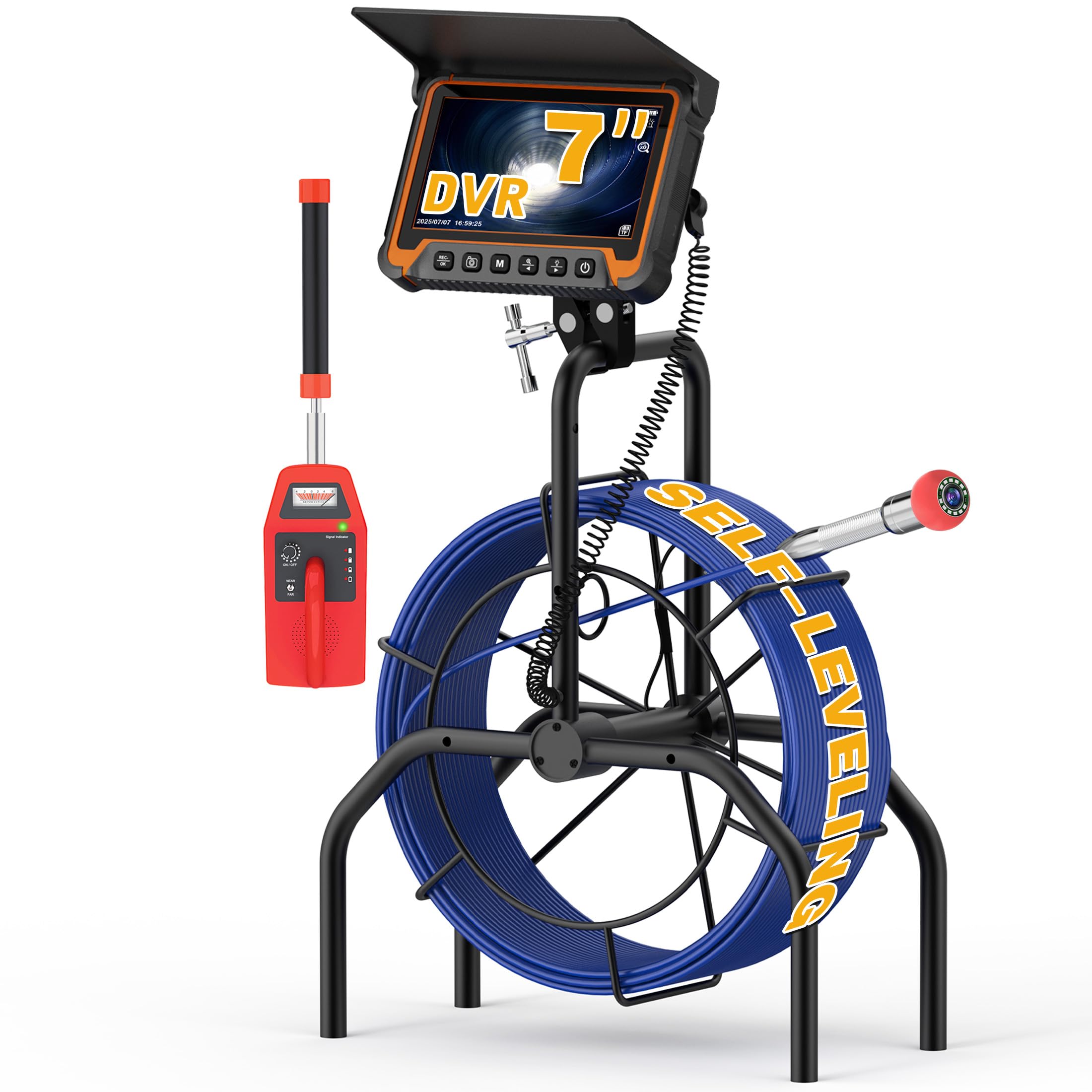 Sewer Camera with Locator 100Ft Self-Leveling, Plumbing Camera for HVAC/Pool/Petrol Pipes, High-Rise Drains, Integral Cable Reel System for Tight