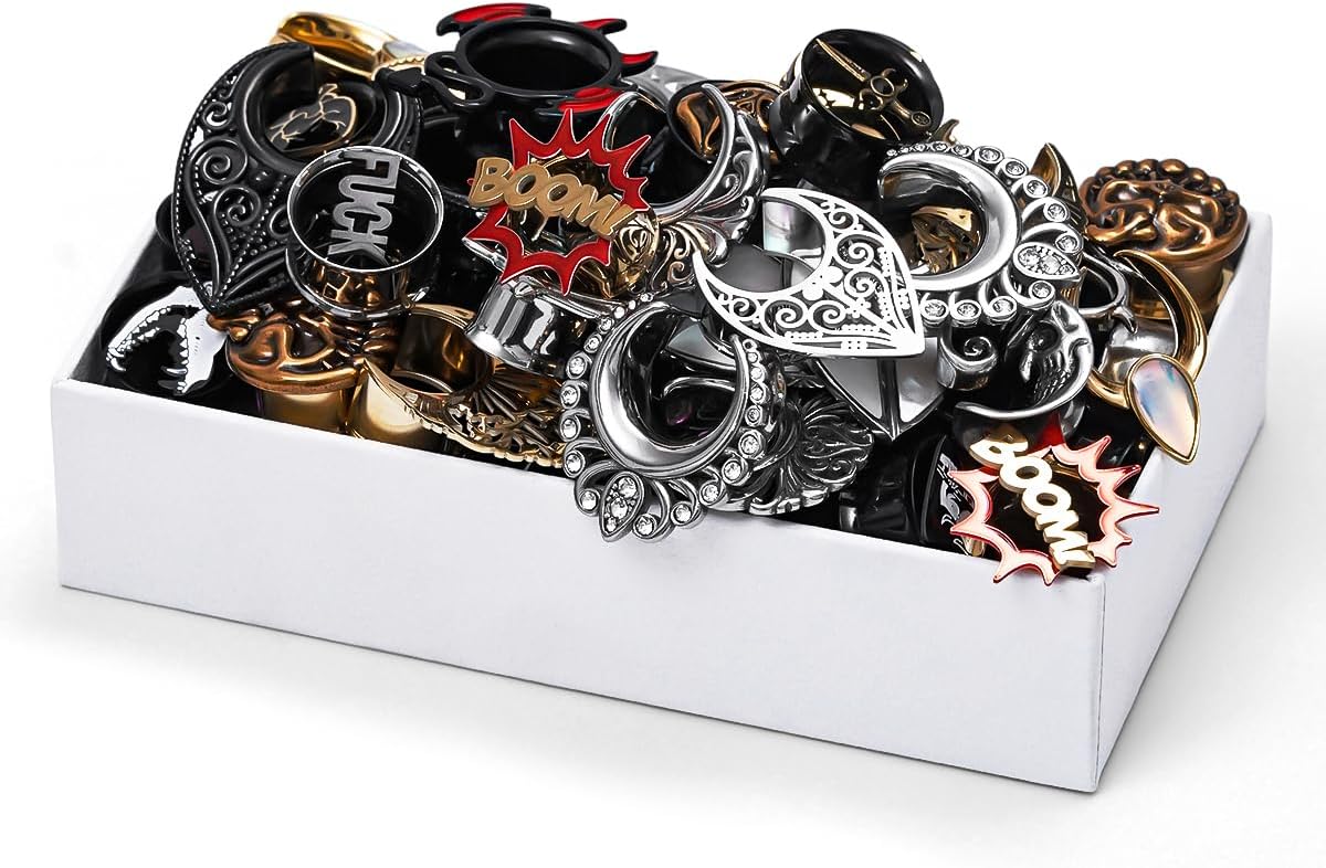 COOEAR Stainless/Acrylic Ear Gauges Plugs Tunnels, 10 Pairs Random Assorted Styles Gothic Punk Body Piercing Stretchers Expander.