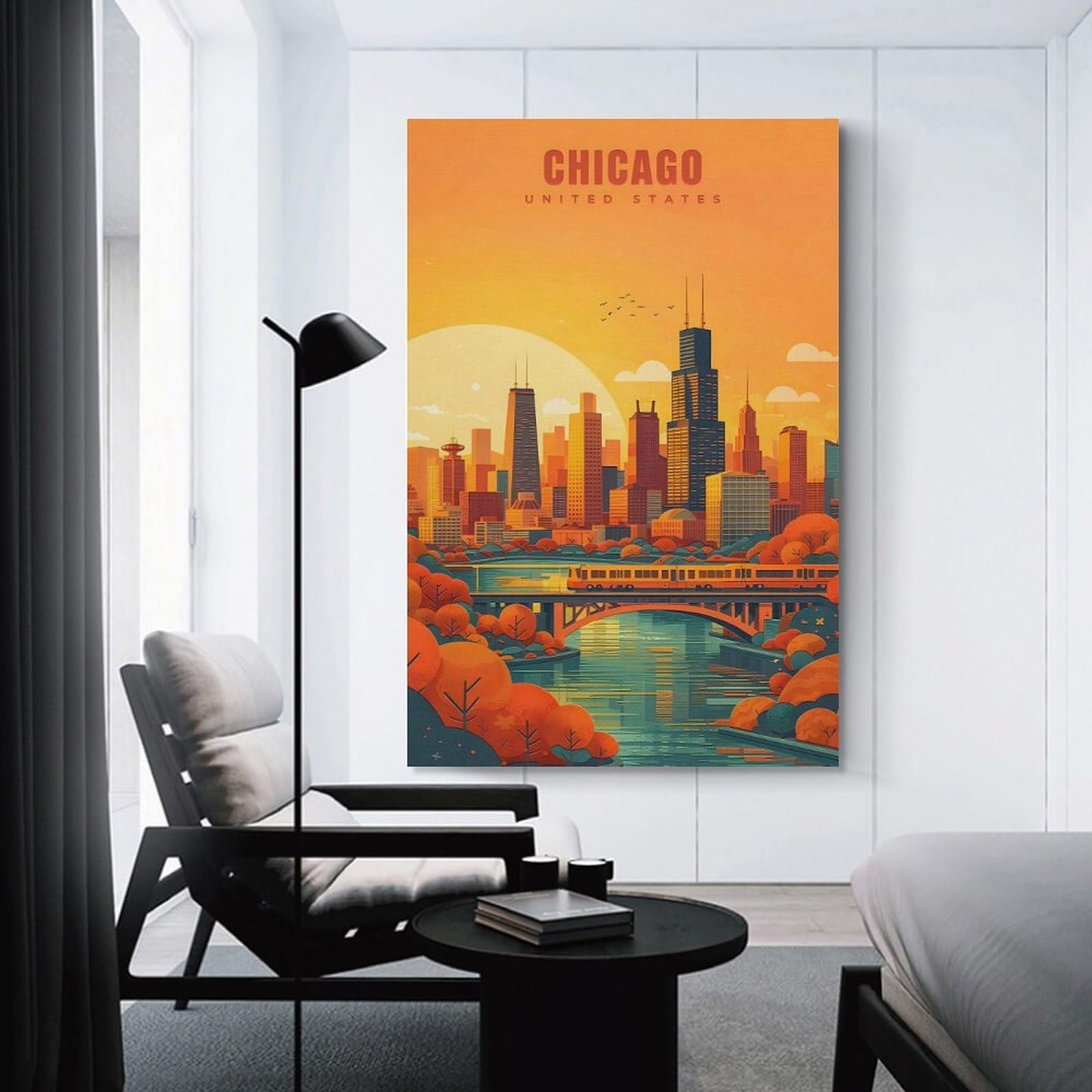 Junmoney Room Decor Wall Art Chicago Skyline at Sunset, 20x30inch(50x75cm), for Flats, Guest Rooms Or Compact Rooms, Wall Decor with Flexible Room Appeal