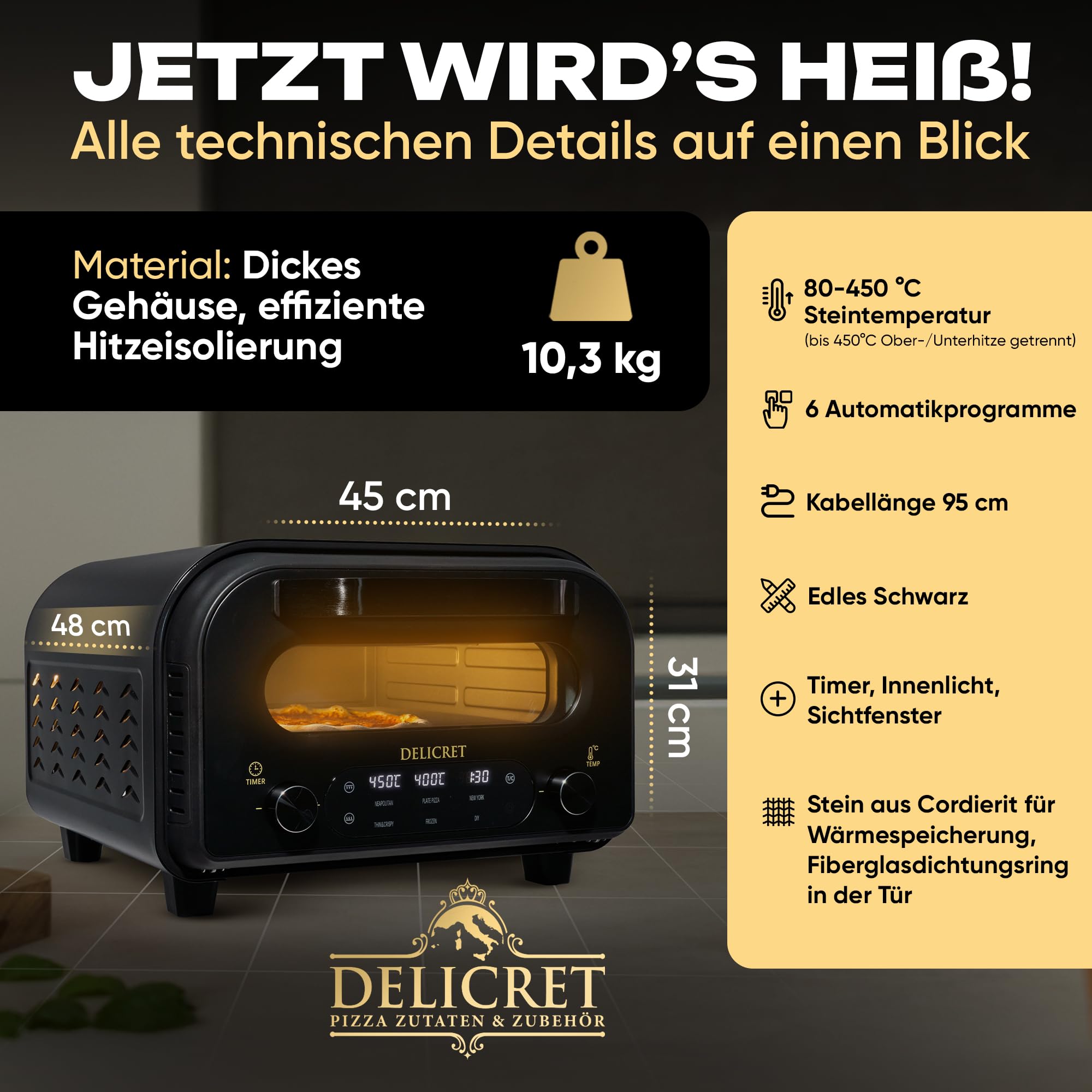 DELICRET elektrischer Pizzaofen 12" - bis zu 450℃ - 1700 Watt - Backraumtemperatur und Steintemperatur getrennt einstellbar