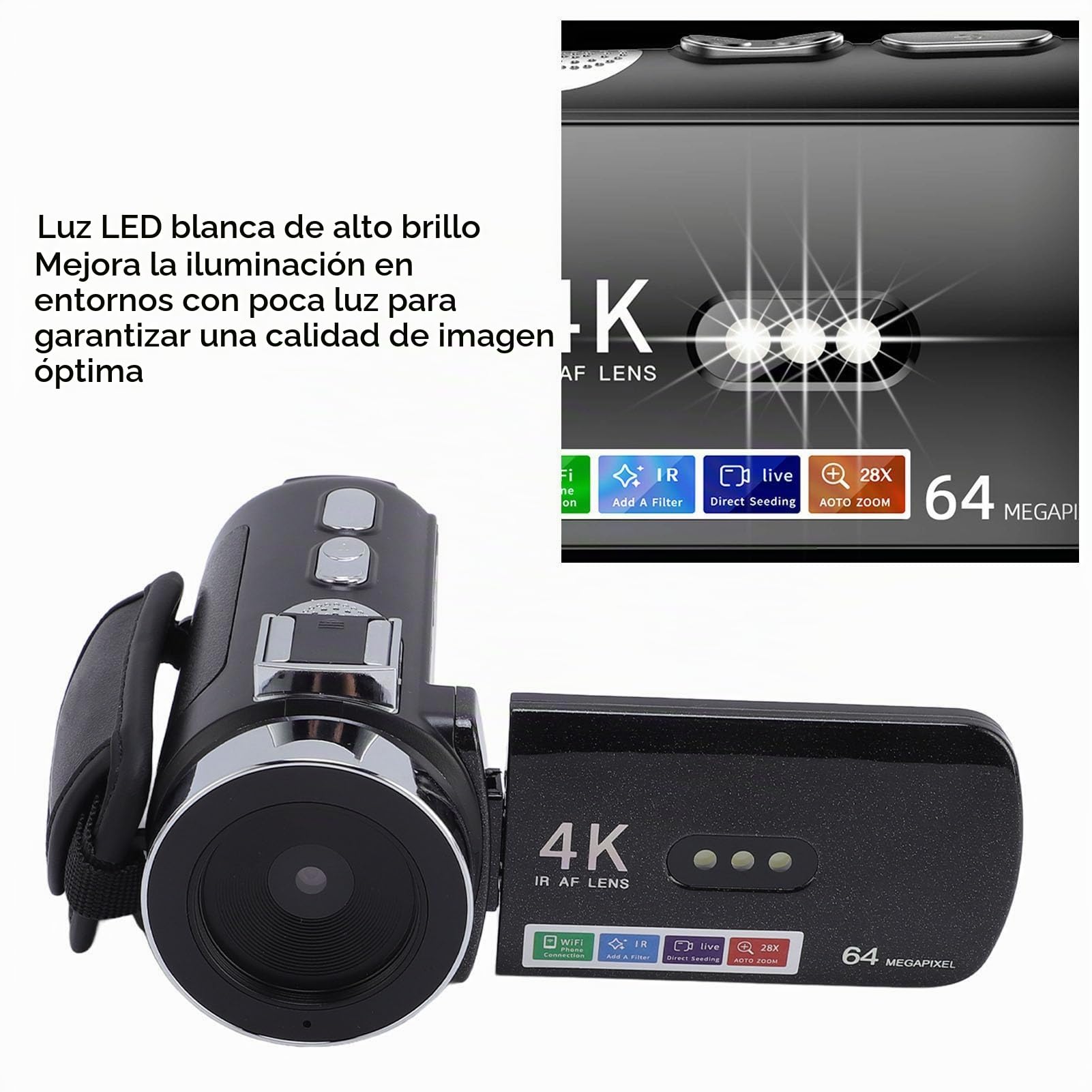 Cámara de Vídeo 4K, Videocámara HD Wi Fi de 64 MP con Zoom Digital de 28X, Grabadora de Vídeo con Pantalla de Rotación de 3 Pulgadas con Luz LED de Visión Nocturna, Cámara