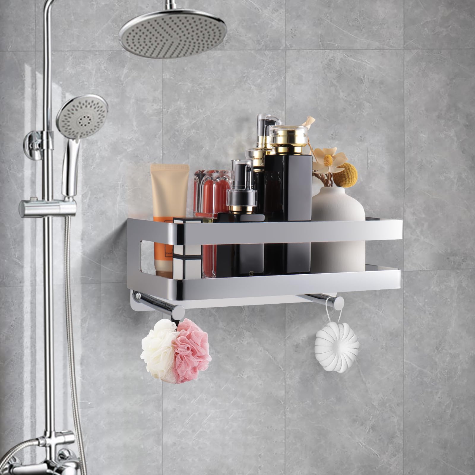 Mensola Doccia in SUS304 Acciaio Inox,Portaoggetti Doccia Design Minimalista,Mensole Bagno con 2 Ganci,Organizza i Prodotti da Bagno e Cucina,Cromo (30cm)