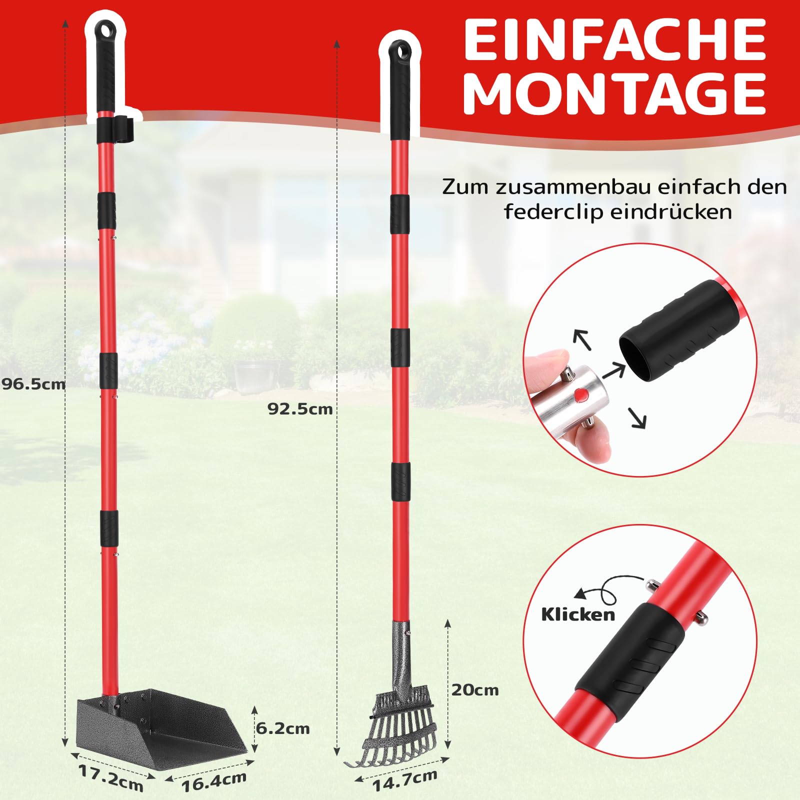 Hundekotschaufel, Hundekotsammler Aus Edelstahl Für Große, Mittelgroße Und Kleine Hunde, Abnehmbares Metallrechen Und Tablett Für Garten, Gras, Erde Oder Kies - Rot