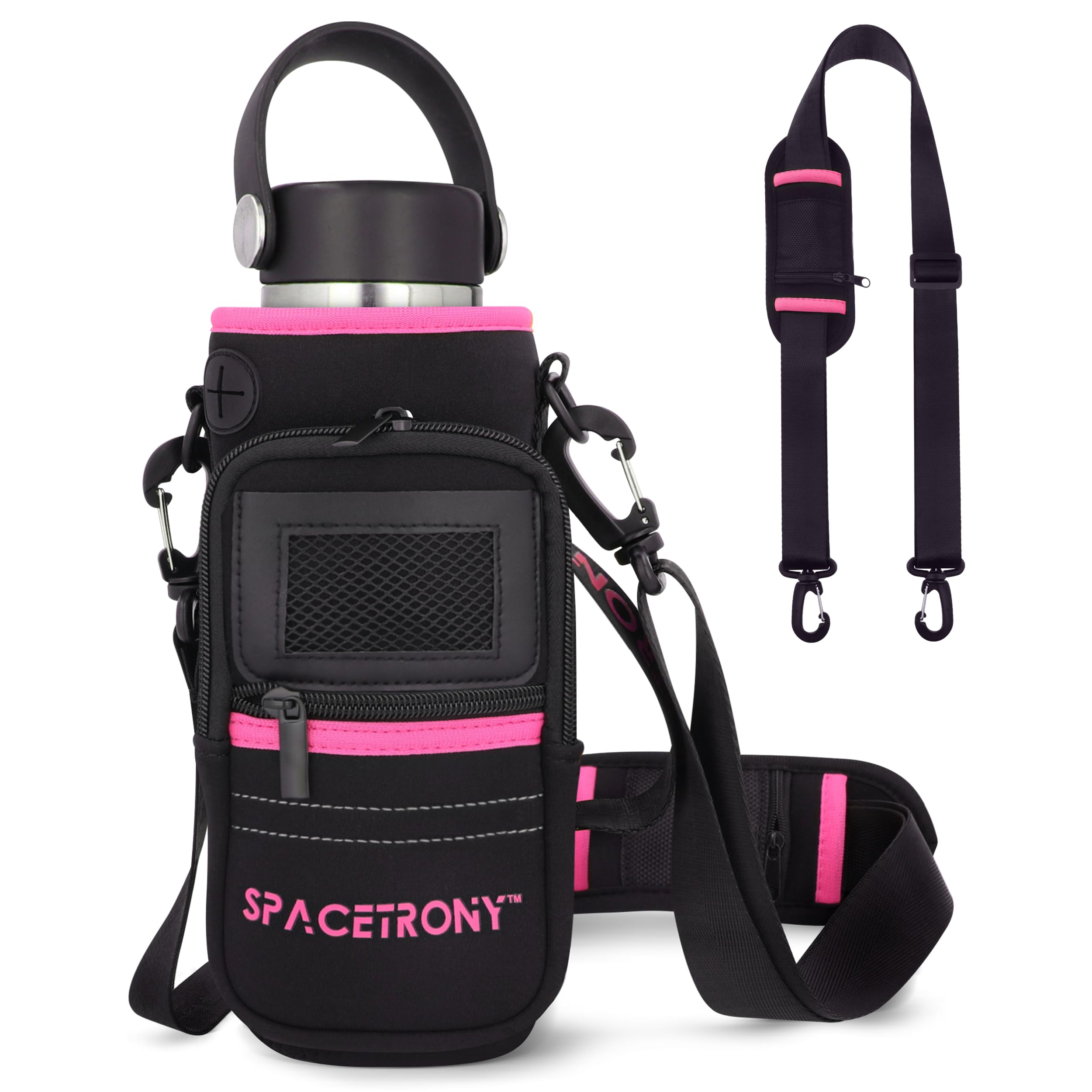 SPACETRONY Neoprene Water Bottle Sleeve & Carrier for 12–32 oz Bottles, Crossbody Holder with Adjustable Strap & Zippered Pockets, Lightweight Sling