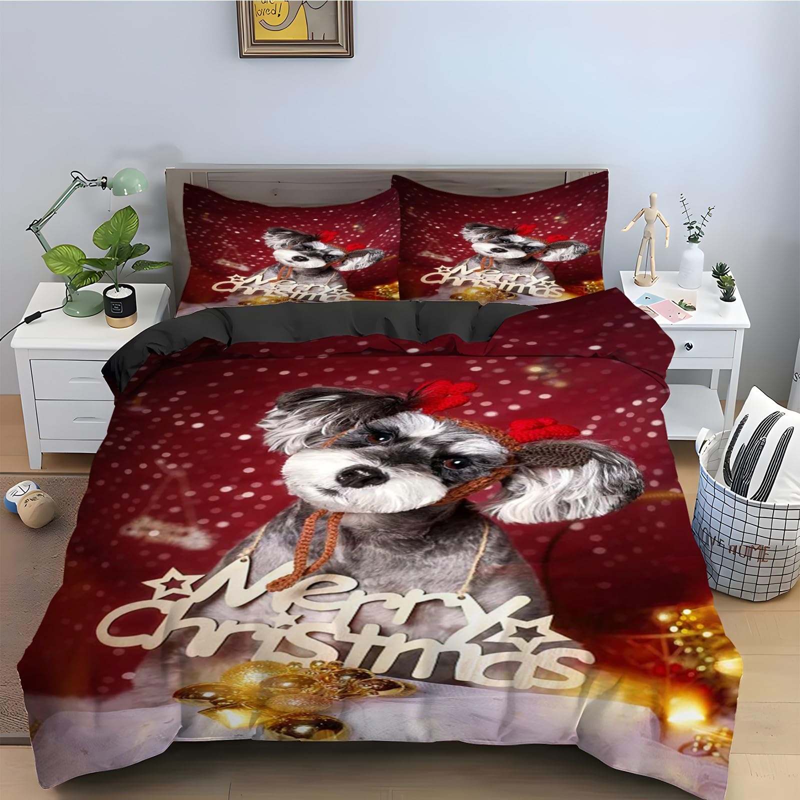 Housse de Couette 200x200 Schnauzer Parure de Lit Noël 3 Pièces