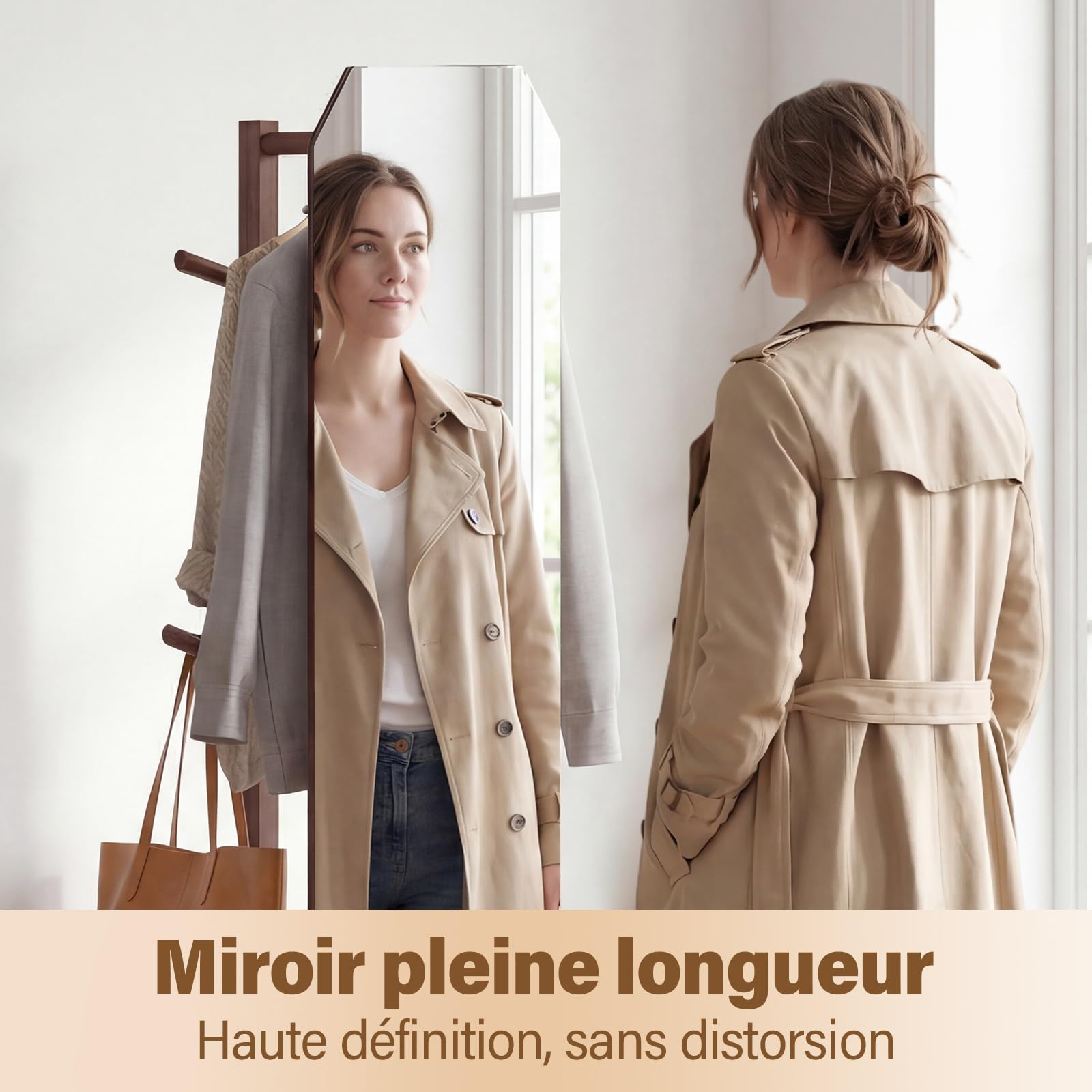 COSTWAY Miroir sur Pied, Grand Miroir avec Porte-Manteau, Base Pivotante à 360°, Cadre en Bois Massif, 2 Étagères de Rangement, 4 Crochets, Barre, pour Chambre Salon (39,5 x 39,5 x 166,5 cm,Noyer)