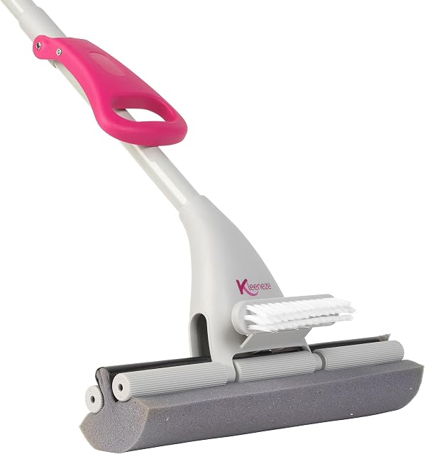 Kleeneze KL087751EU7 Deep Clean 3 in 1 Sponge and Scrub Mop for Kitchen Bathroom, Removable Brush, Polish and Shine, Microfibre Cover, Handheld, Scrubber, Easy Wring, Precise Triple Action Clean, Pink