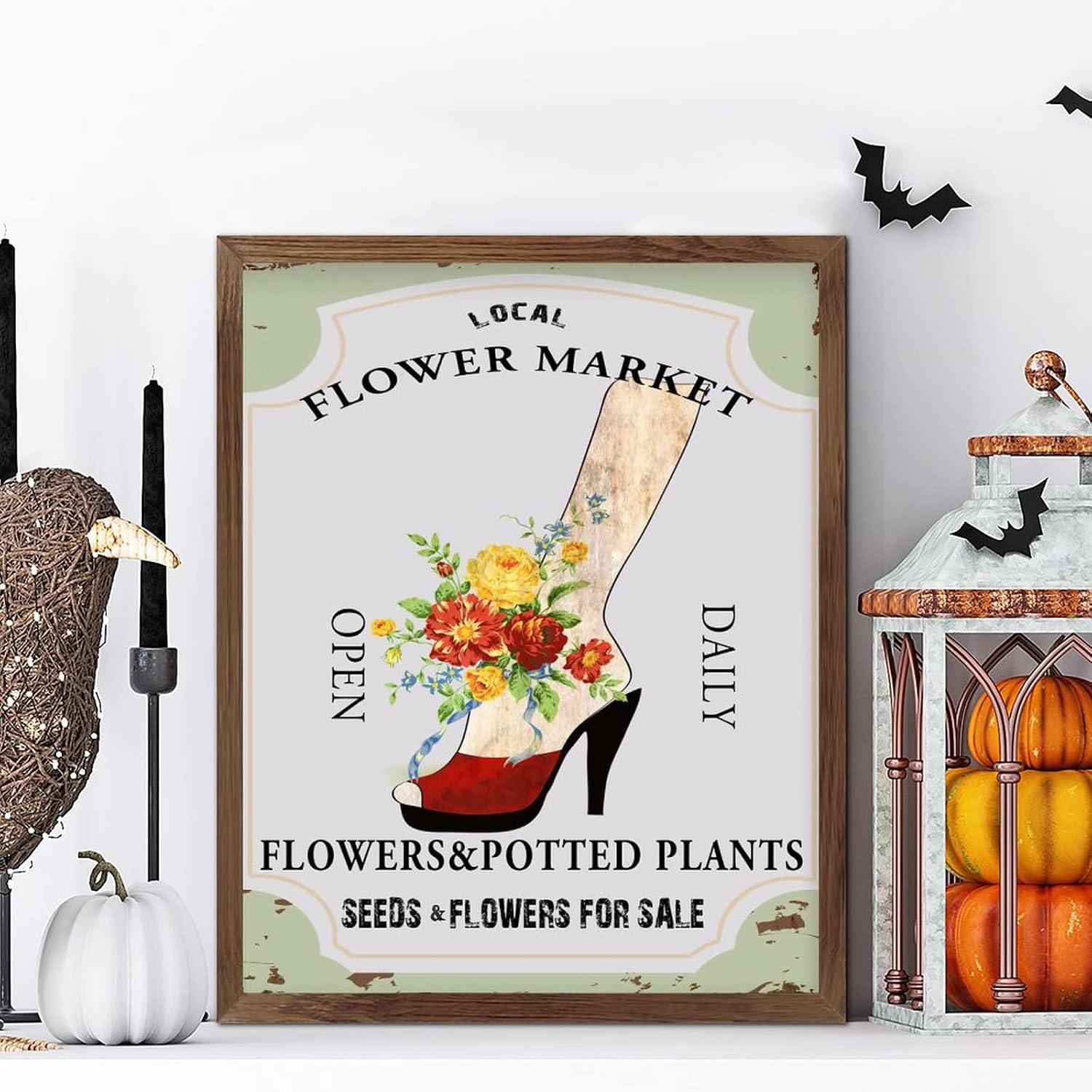 Flower Market Open Daily Wood Framed Signs Fresh Flower Potted Plants Wood Plaque Vintage Blossom Floral Wood Decor Farmhouse Wall Hanging Plaque for Living Room Bedroom Front Door Office 20x16inch