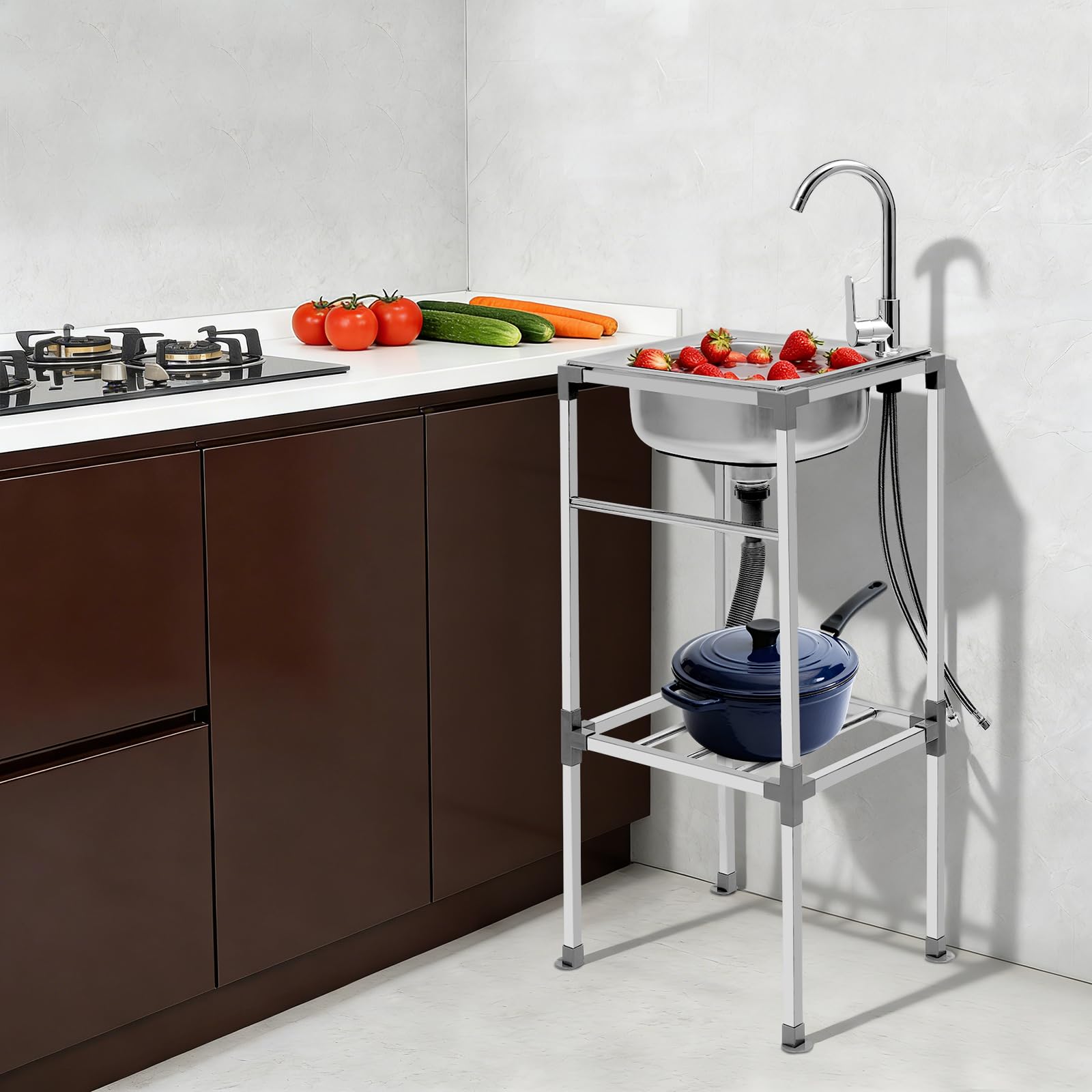 Lavello in acciaio inox da cucina 1 vassoio professionale, lavello in acciaio inox autoportante con rubinetto e accessori, miscelatore caldo freddo, vasca portatile giardino esterno garage campeggio