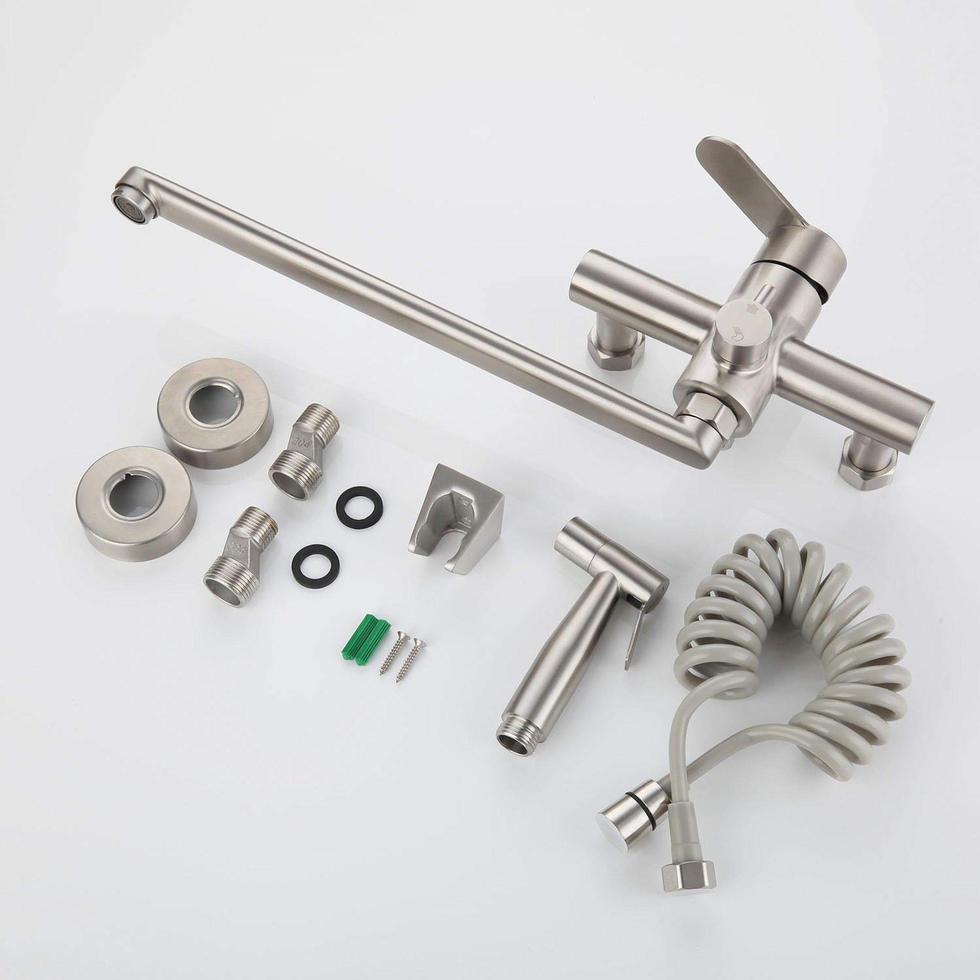 HomeLava Grifo de cocina pared de acero inoxidable 304 de grado alimenticio con pistola rociadora y caño giratorio de 360°, Proceso cepillado, caño 35 cm