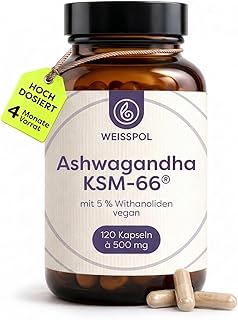 Ashwagandha KSM-66® – 120 Ashwagandha Kapseln hochdosiert – 500 mg/Kapsel mit 5% Withanoliden – Vegan & Laborgeprüft, Deutsche Produktion – WEISSPOL®