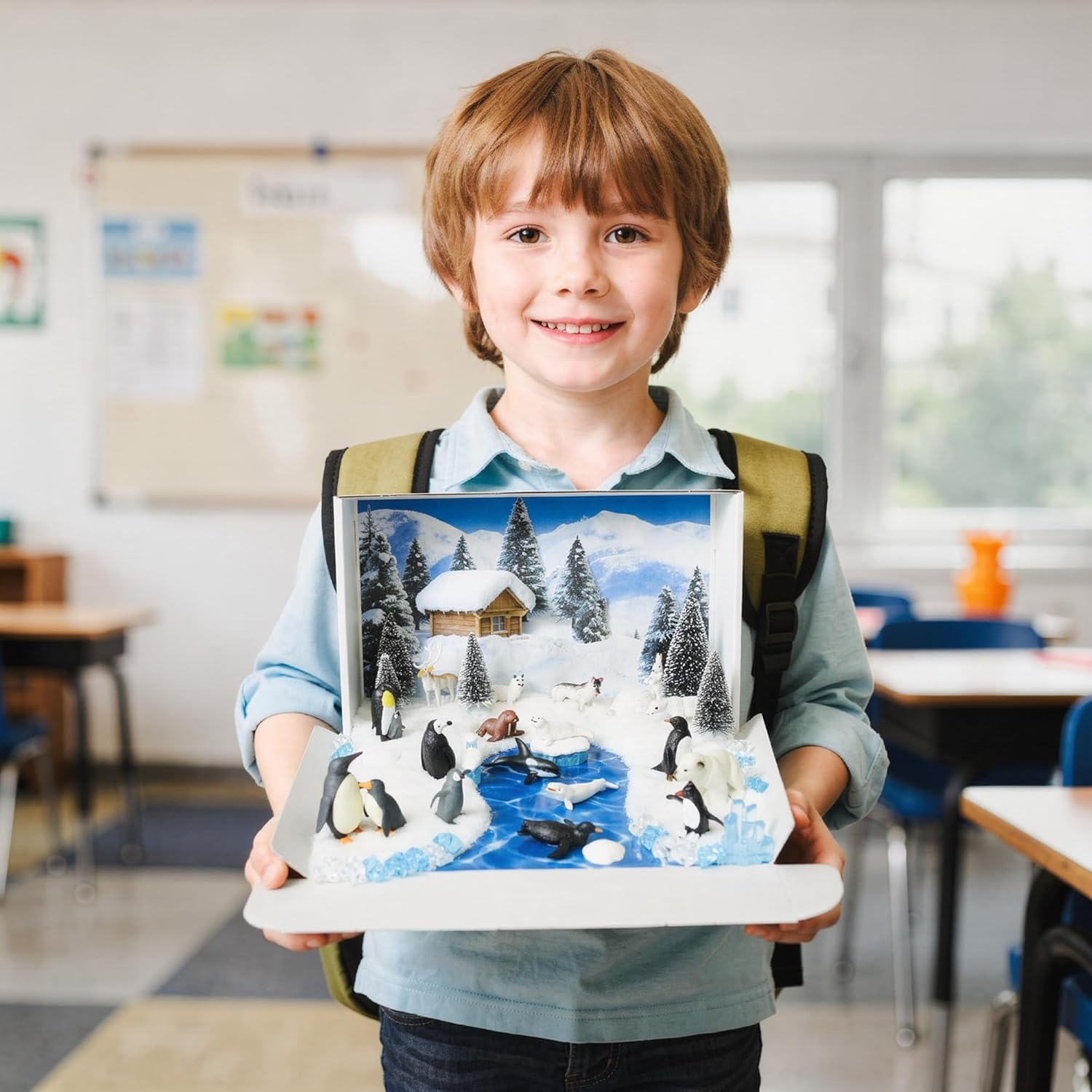 33 PCS Arctic Animals Figurines Set, Winter Animals Toy Figures With Display Box, Diorama Project Supplies Include Polar Bear, Penguin, Trees, Igloo, Fake Snow, Ice Rocks, Backdrop for Kids School DIY