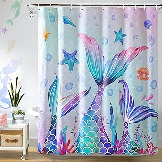 MelonBoat Mermaid Shower Curtain. Kids Shower Curtain with 12 Hooks, Mermaid Bathroom Waterproof Shower Curtain Set. Decorations for Bathroom Home Indoor Decor, 72