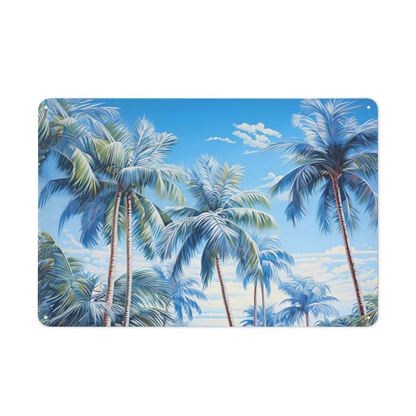Rustic Metal Tin Sign, Tropical Palm Tree Beach Painting, Bedroom Office Summer Wall Decor 12x8 Inch