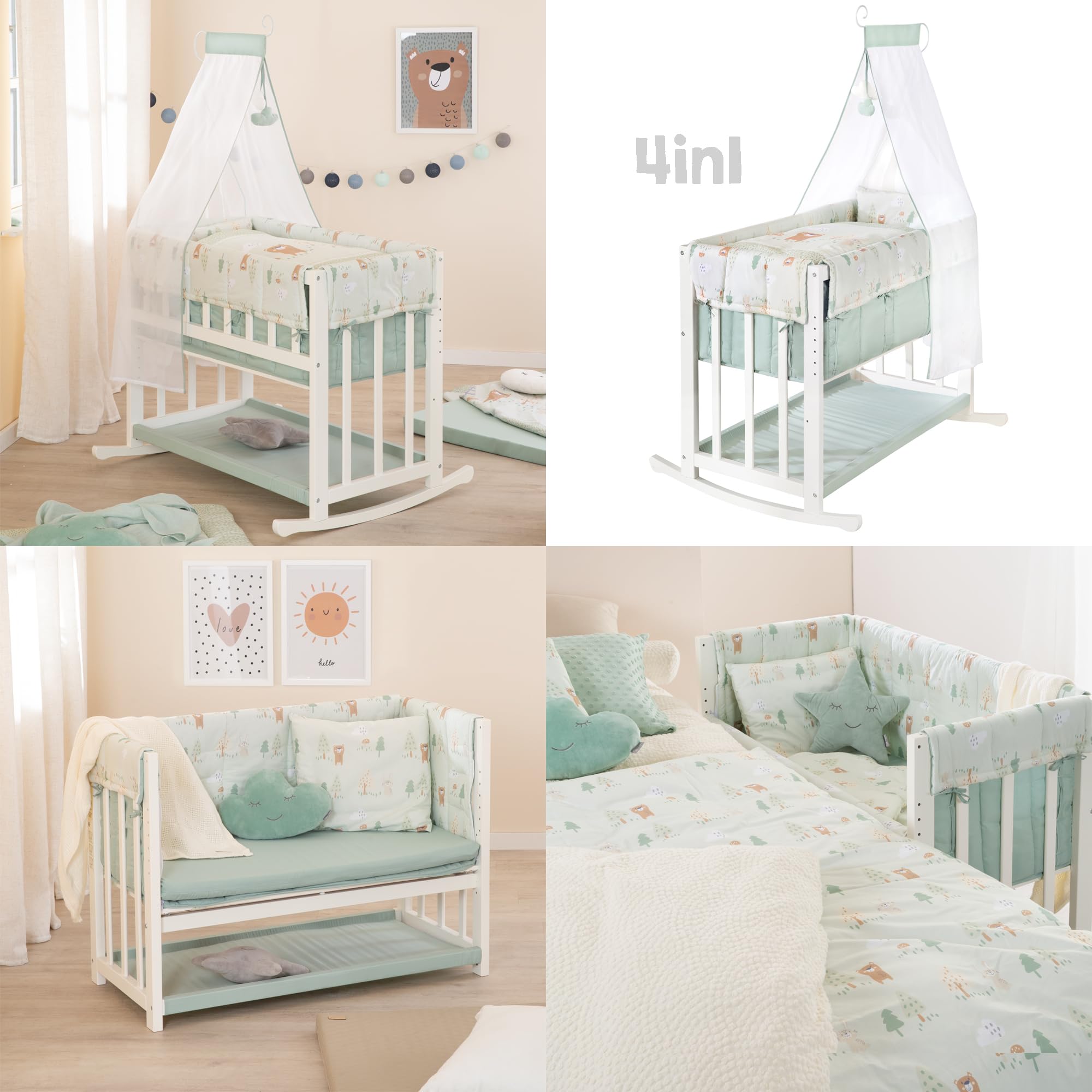 roba Stubenbett 4-in-1 aus Holz - Woodland Buddies Design - 45 x 90 cm - Wiege, Stubenwagen, Sitzbank & Beistellbett - Höhenverstellbar - Inkl. Textilien, Himmel & Himmelsstange - Weiß/Pastellgrün