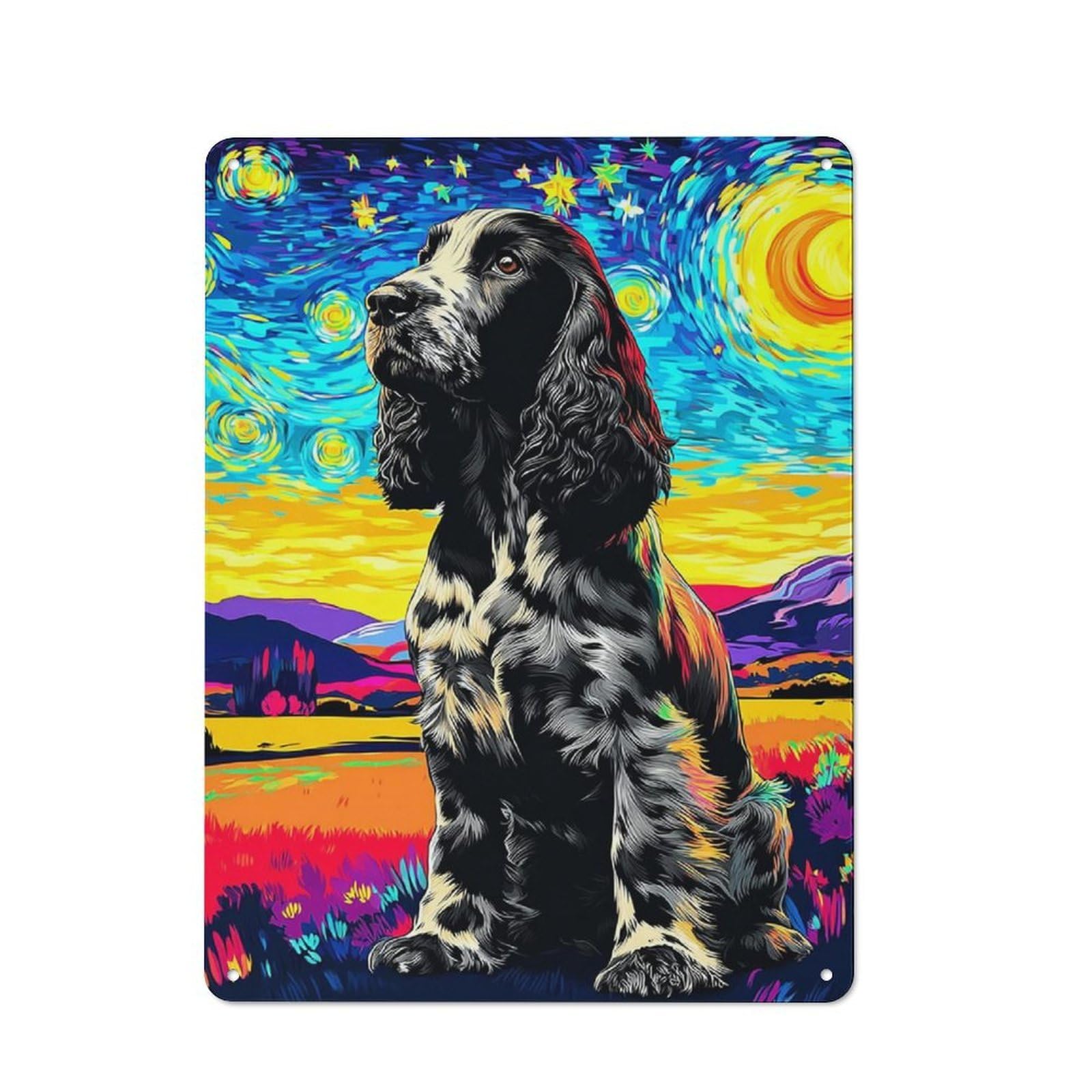 Junmoney Starry Night Cocker Spaniel Retro Vintage Metal Sign 40X30cm, Small Space Decor For Hallway, Home Bar, Garage Or Study