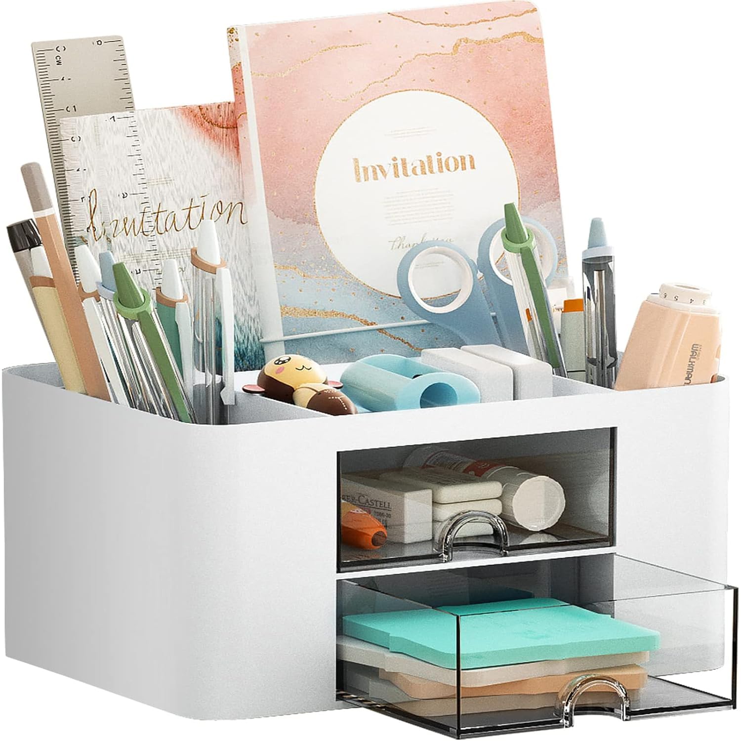 hzfengsheng Desk Organiser with 7 Grids, Creative & Simple Table Organiser with Drawer, Multifunctional Desk Organiser, Pen Holder for School, Office, Home (White)