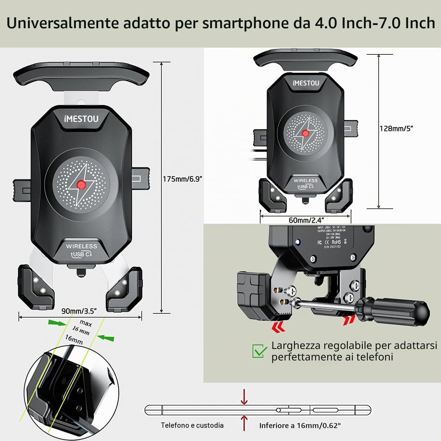 iMESTOU Motociclo Caricatore per Cellulare Senza Fili Qi 15W Caricatore Mobile per Moto USB C 3.0A con Base a Sfera in Alluminio per Manubrio Rotazione a 360° Ricarica Rapida per Cellulari da 4"-7“
