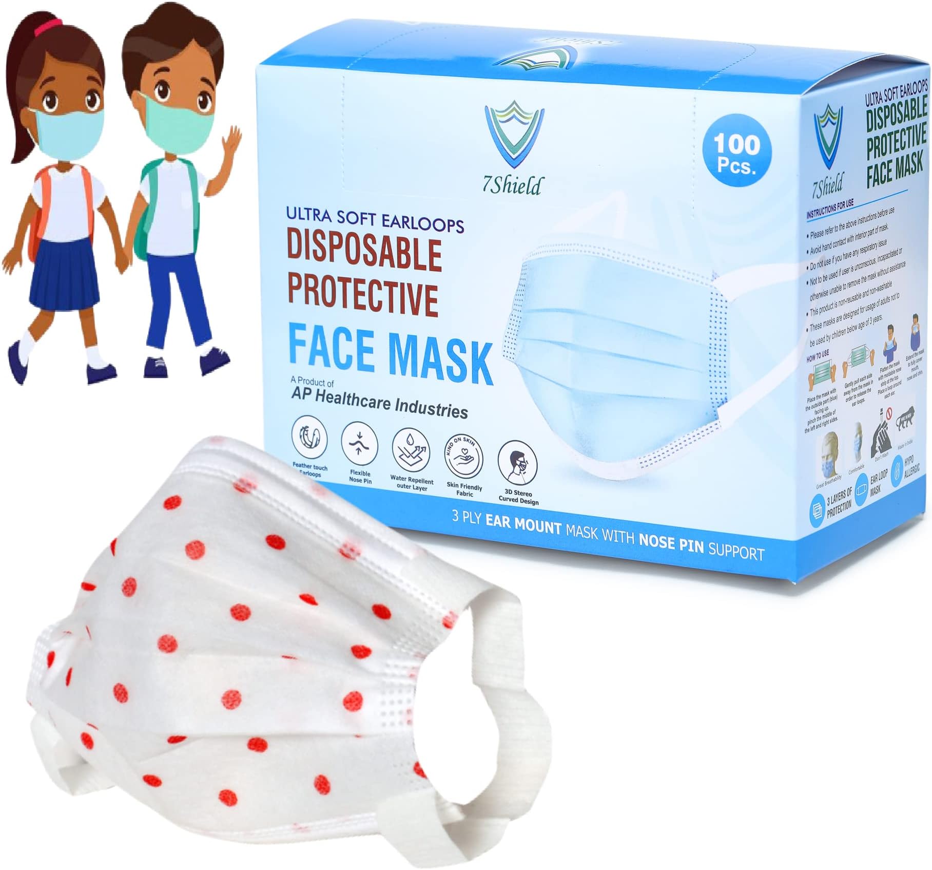 - Disposable 3Ply Face Mask for Kids Red Polkadot - Ultra Soft Fabric Wide Ear Loop, Comfortable, Inbuilt Plastic Coated Nose Pin, CE and ISO Certified, Convenient Box Pack