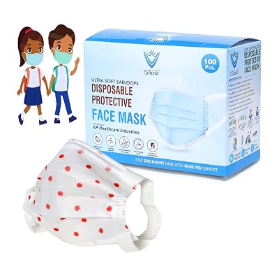 7Shield Disposable 3Ply Polka Dotted Face Mask for Kids - Ultra Soft Fabric Wide Ear Loop, Comfortable, Inbuilt Plastic 