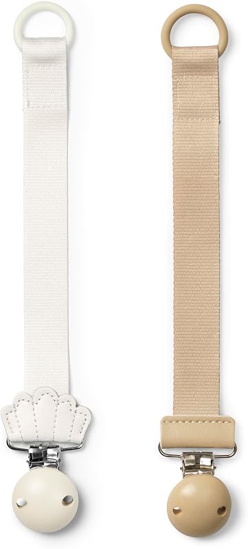 Elodie Details Attache Tétine Garçon Fille – Chaîne sucette Durable avec Clip – Porte Tétine Sans BPA – Sangle Polyester Recyclé – Cadeau Bébé Mixte, Lot de 2 – White Scallop/Pure Khaki