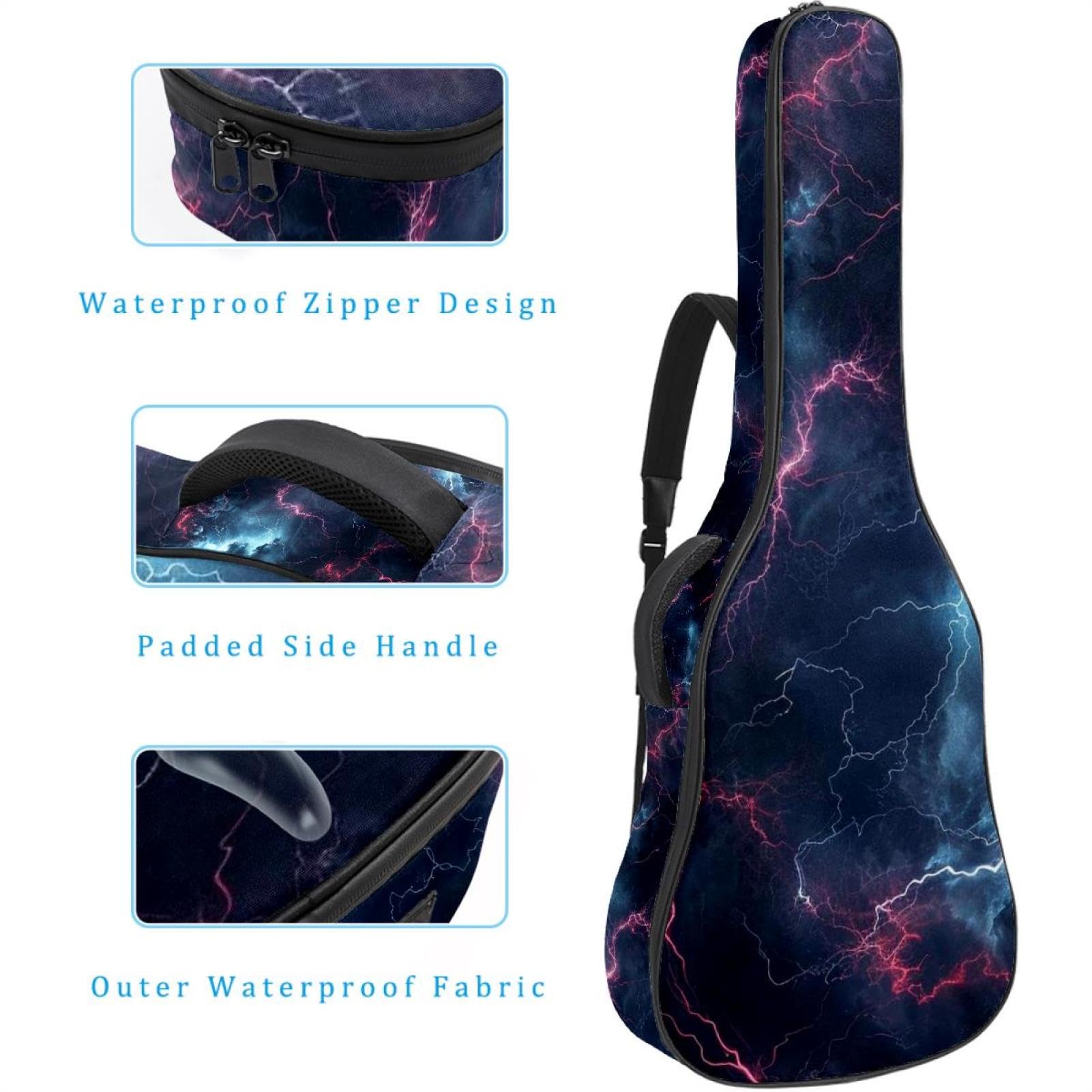43 Zoll Akustikgitarre Softcase mit Rucksackgurt und 2 Taschen Rot Lightning Keine Polsterung Rucksack Wasserdicht Oxford Tuch Bass Gitarre Gigbag für Konzertgitarre, mehrfarbig,