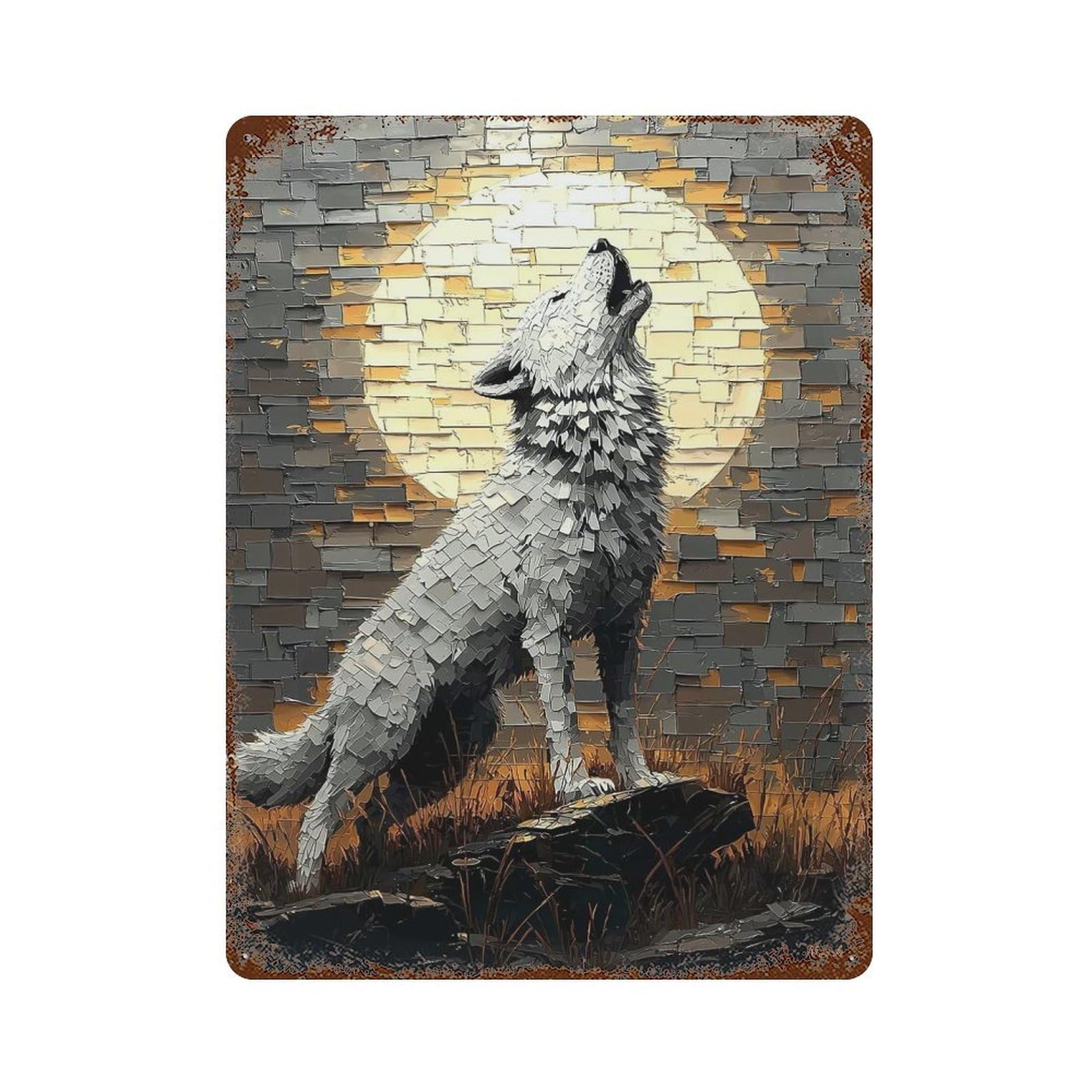 Rust Effect Howling Wolf Under Moonlight – Bold Impasto Artwork Rusty Metal Tin Sign 15.7"x11.8", Farmhouse Wall Decor for Shed, Workshop And Garage Wall Decor