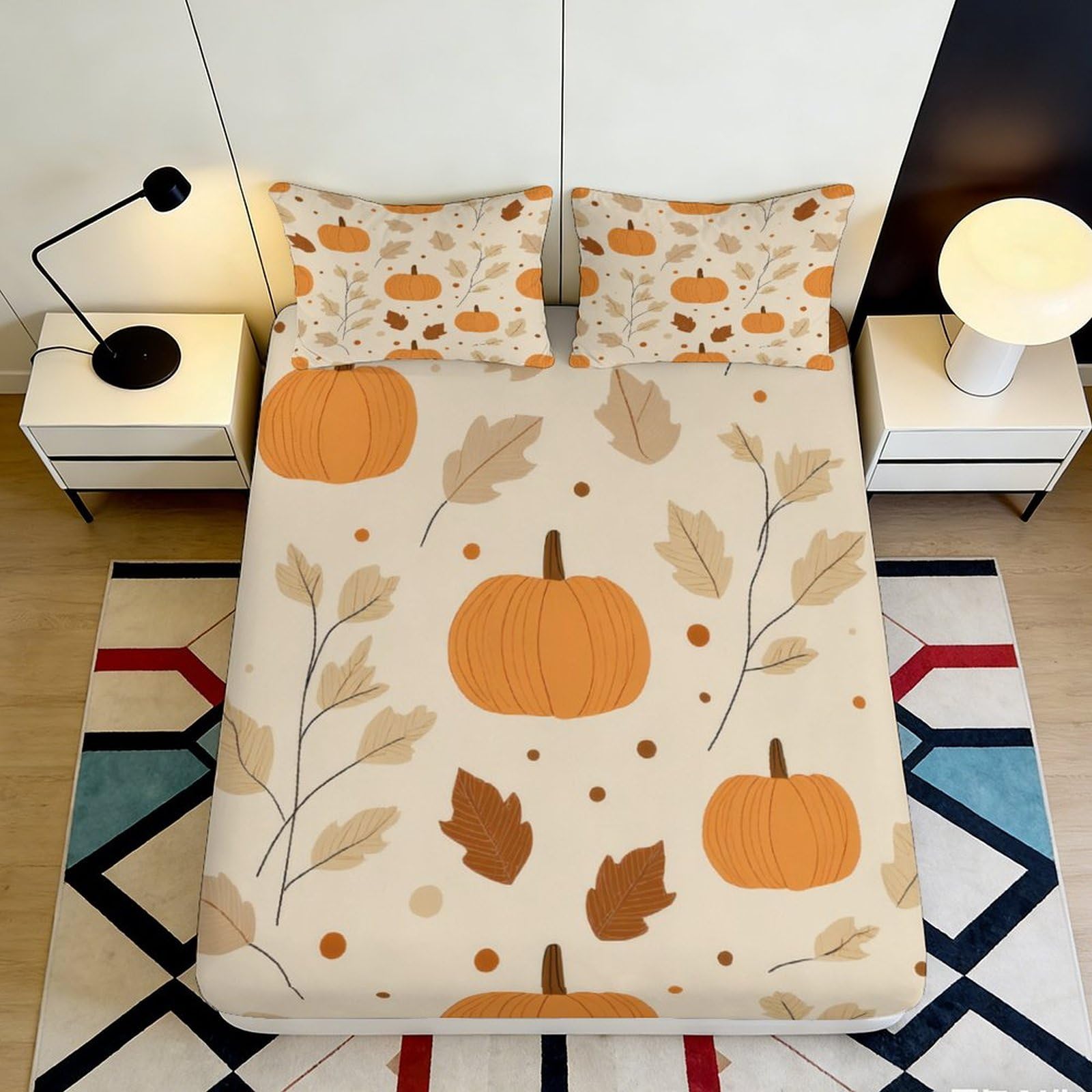 3D Printed Pumpkin Leaf Fitted Sheet Microfiber Deep Pocket Full Wrap Pumpkin Style Mattress Fitted Cover Washable Bedding Set 140x200x25cm