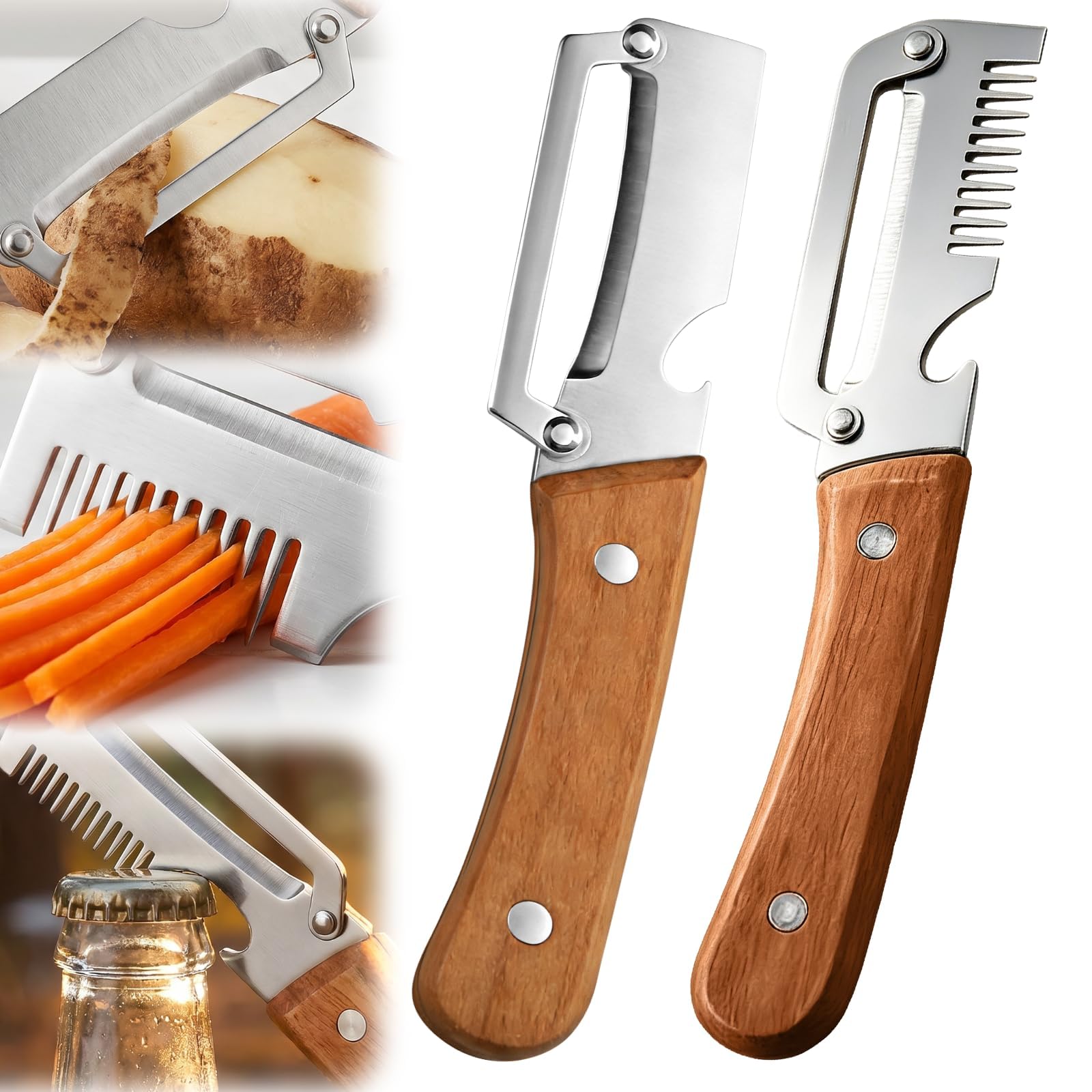 Multifunctional Vegetable Peeler, Multi-Function Peeler with Stainless Steel Blade, 2026 New 3-in-1 Peeler & Bottle Opener Julienne Peeler, Julienne Slicer & Bottle Opener for Kitchen Fruit (2PCS)