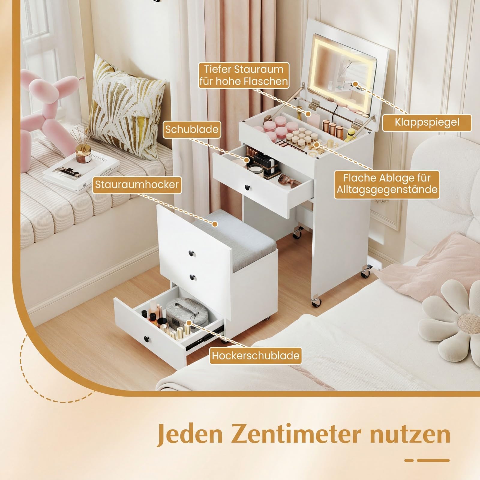 COSTWAY 3 in 1 kleines Schminktisch Set auf Rollen, Kosmetiktisch mit Klappspiegel, Beleuchtung, Schubladen & gepolstertem Hocker, kompakte Schminkkommode Set für kleine Räume, Weiß