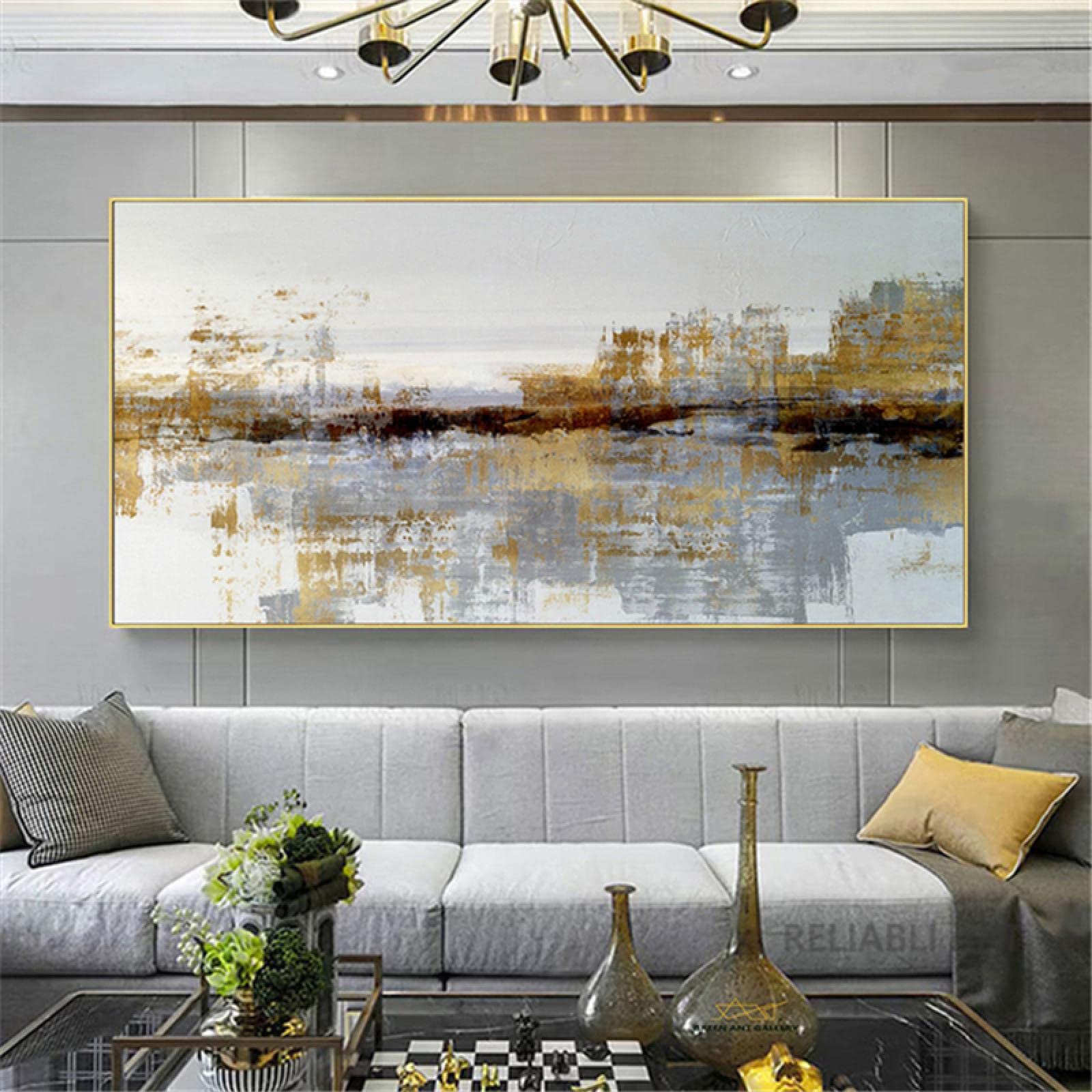HYFBH Vintage Wall Painting Oversized Abstract Golden Art Wall Pictures for Living Room Canvas Painting Home Decor Posters Prints 90x183cm(35x72inch) With-Gold-Framed