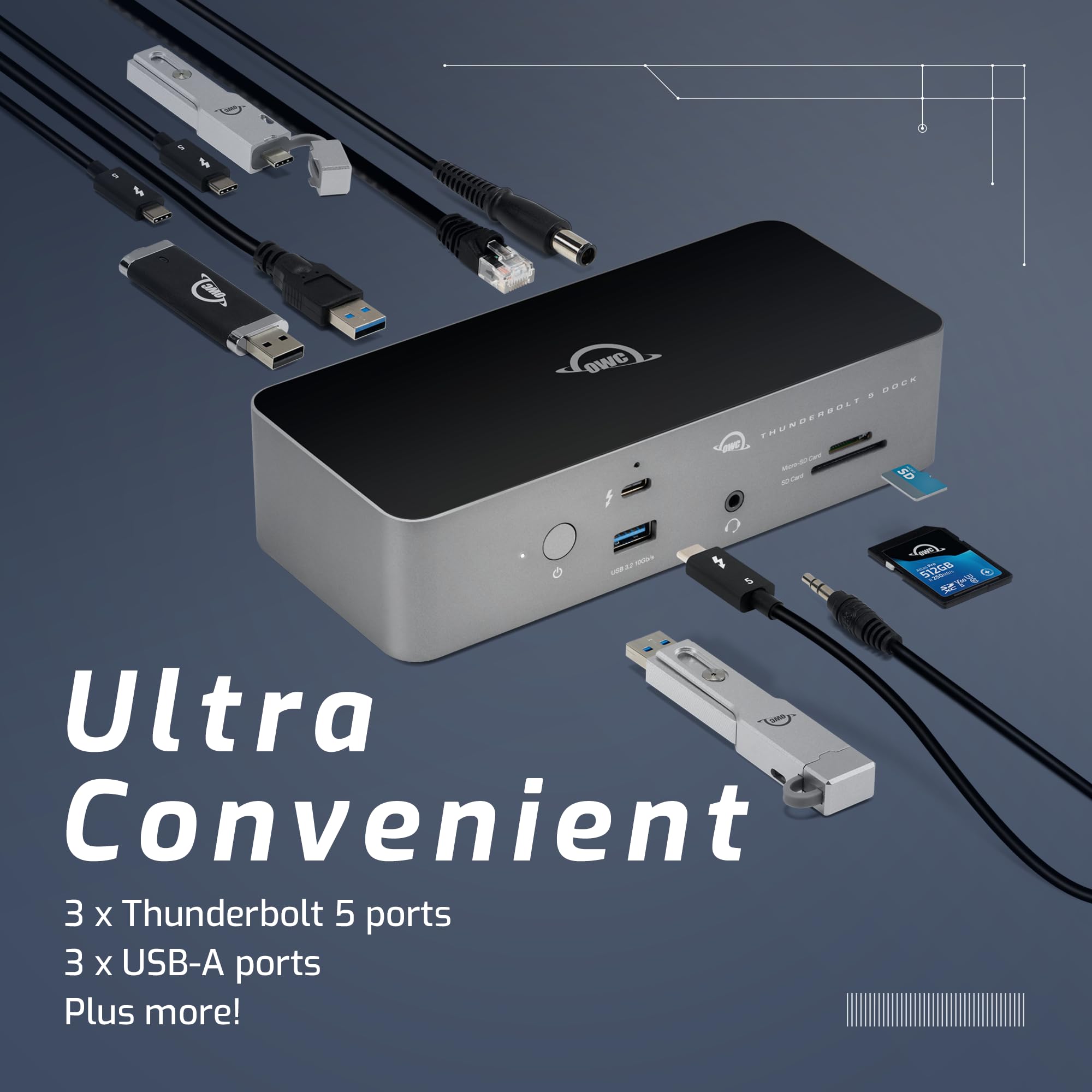OWC Estación de acoplamiento Thunderbolt 5 de 11 puertos, 2.5 GbE, lector de tarjetas SD/Micro-SD, conector de entrada y salida de audio, puertos USB 3.2 tipo A, suministro de energía de 140 W