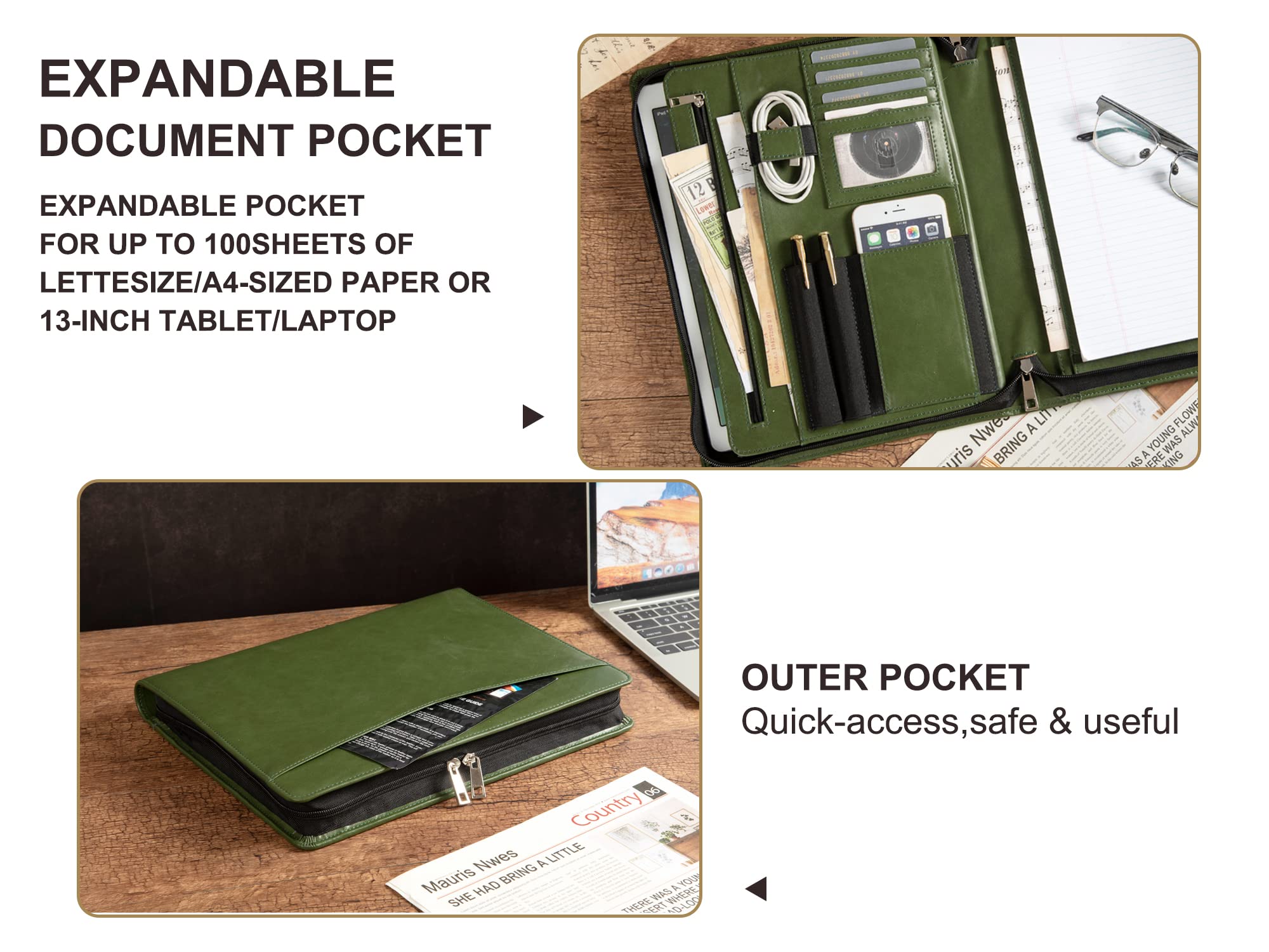 Calfinder Porte-documents en cuir végétalien personnalisé A4 avec gravure de nom gratuit, rose pour femme, moderne, vert