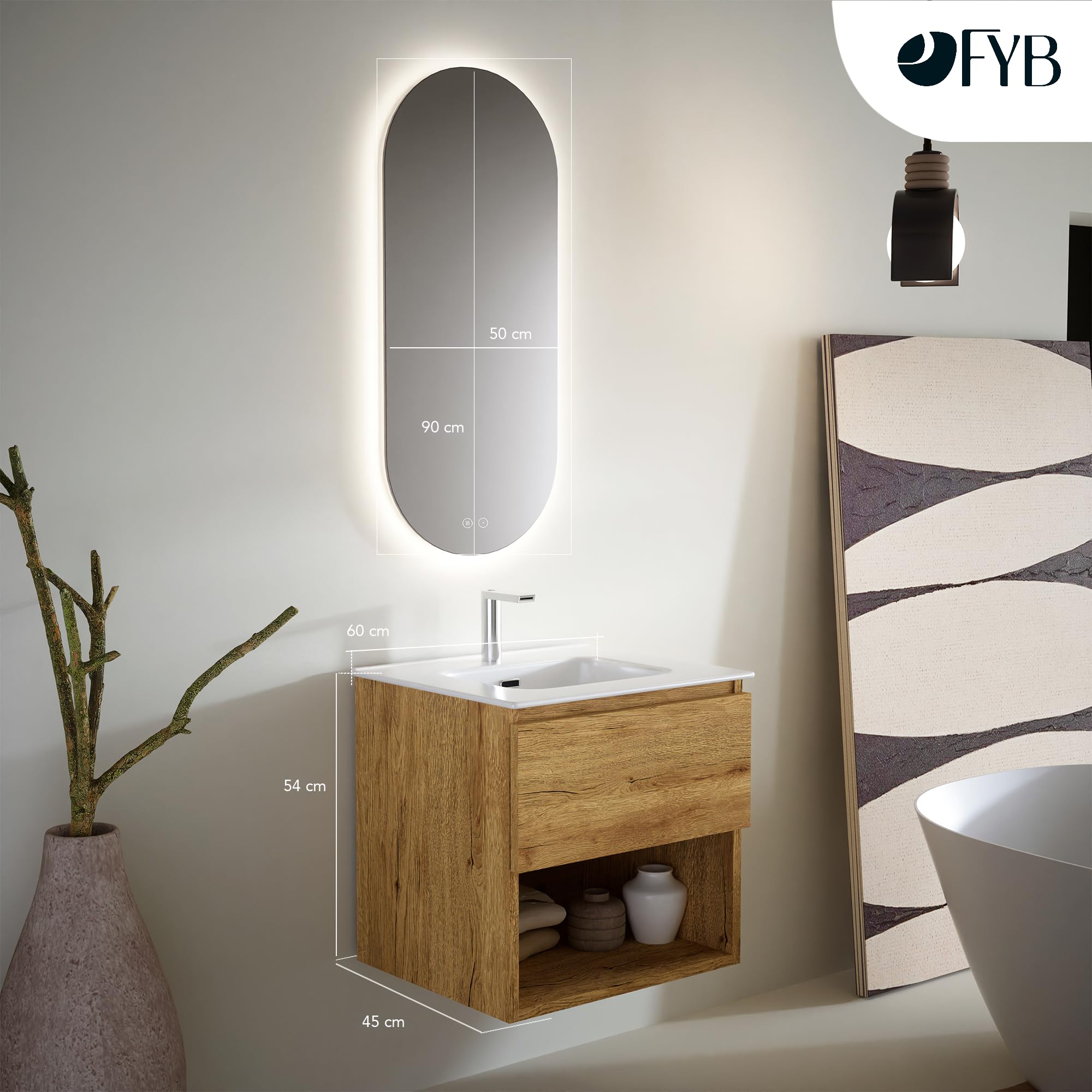 Mueble de Baño PANTER Decorativo 60 cm Marrón Madera, 1 Cajón Soft Close, Encimera Cerámica Blanco Brillo con Lavabo y Espejo Ovalado LED Antivaho, Diseño Suspendido, Compacto