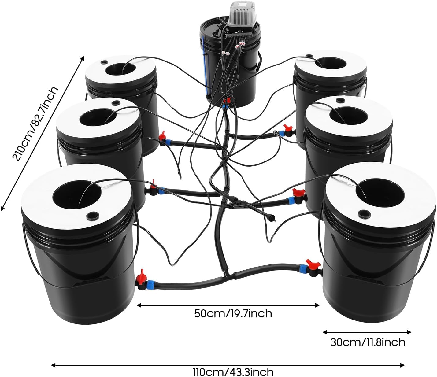 Hydroponics Grow System, 5 Gallon Deep Water Culture Growing Bucket, 6 Buckets + Reservoir Kit+ Air Pump, for Indoor/Outdoor Leafy Vegetables, Black