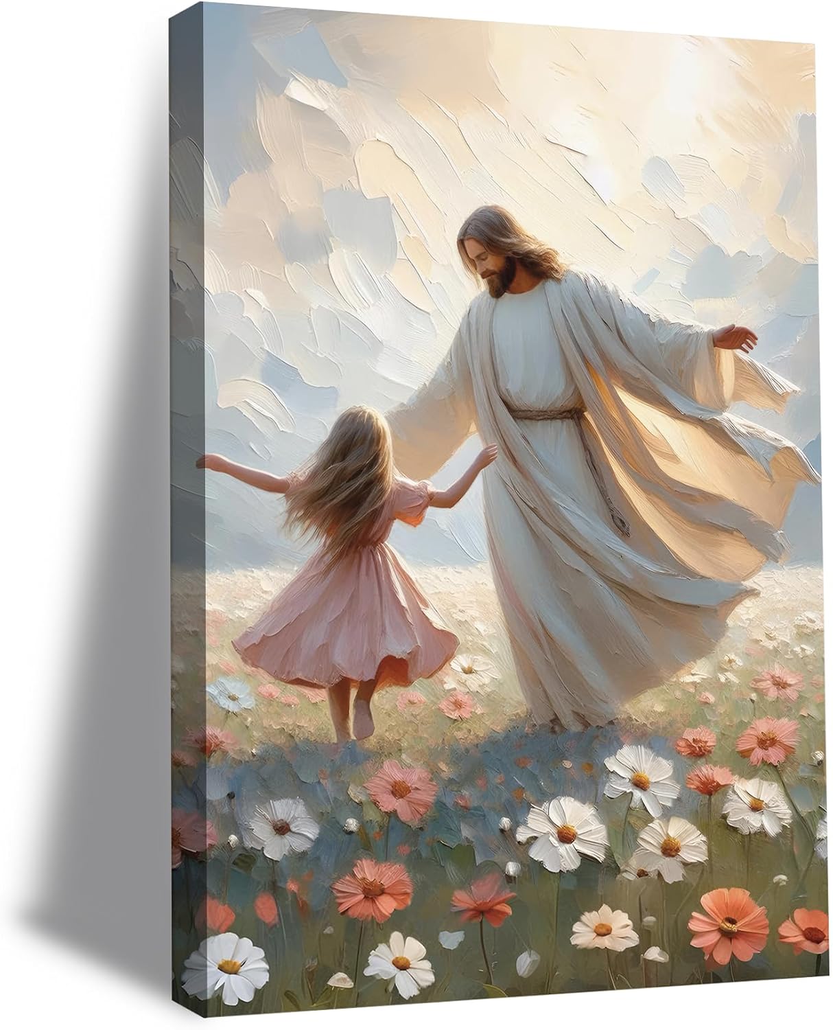 Jesus and Little Girl Dancing Canvas Wall Art Jesus with Children Wall Decor Modern Christian Warm Sunshine Healing Posters Pictures Religious Bible Story Artwork Painting Prints Framed