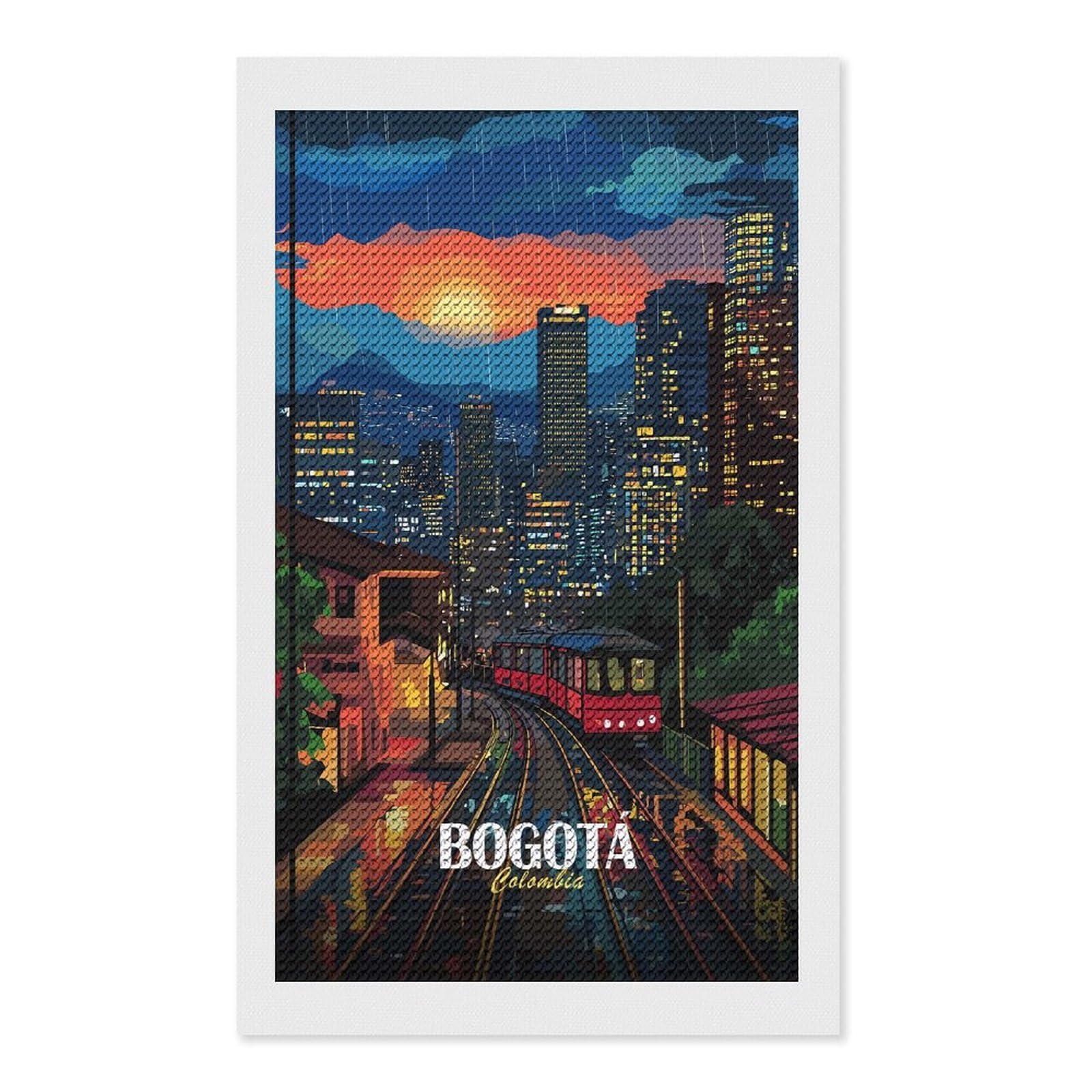 Junmoney Bogota Colombia Cityscape Rainy Night Diamond Painting Canvas Kit 12"x20", for Teens, Vintage Style Decor, Modern Decor, Home Wall Art, Festive Craft Gift