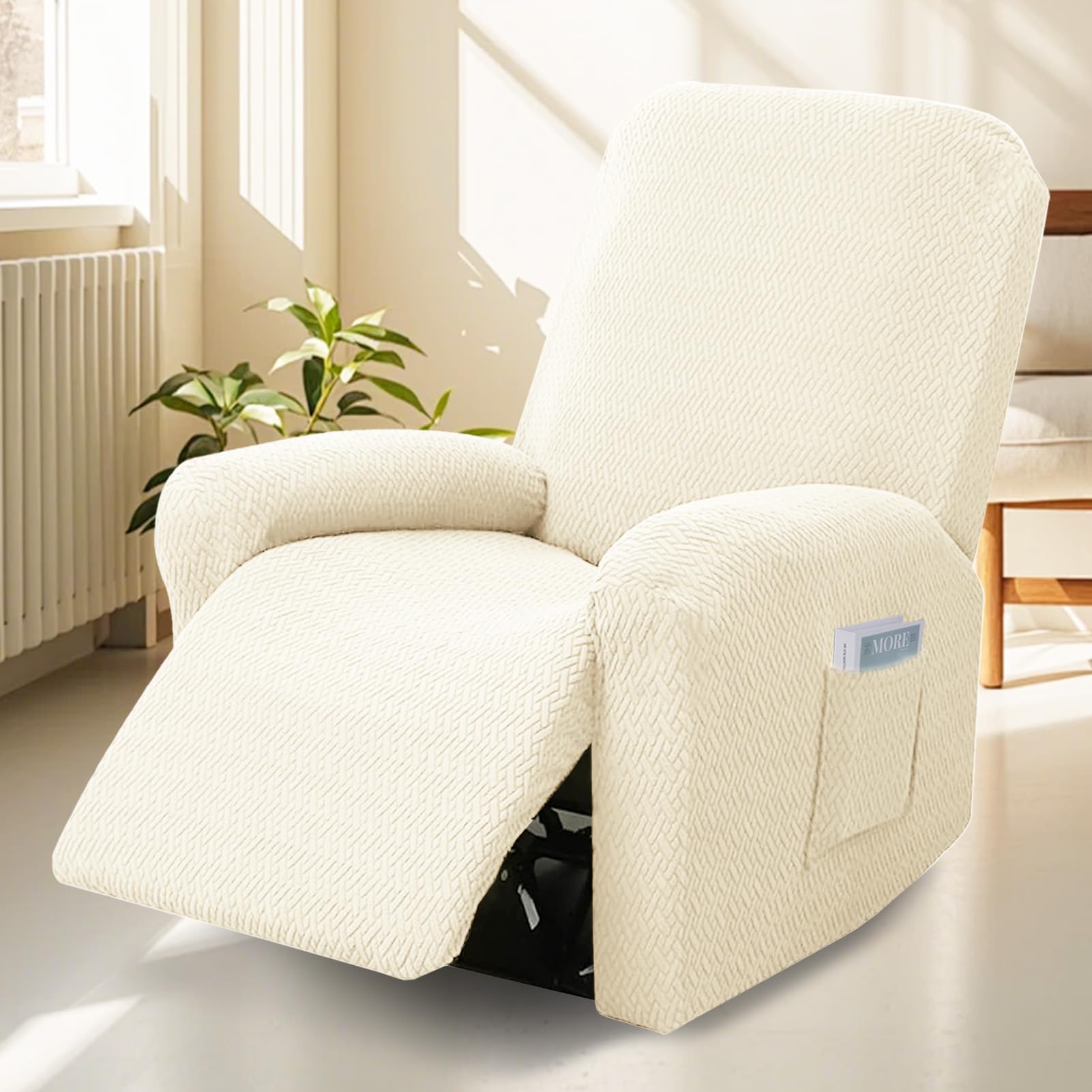 Bocguy Stretch Recliner Chair Cover, 4-Pieces Recliner Armchair Covers for Living Room Reclining Chair Slipcover with Side Pocket, High Spandex Slipcover/Lounge Cover, Slip Resistant
