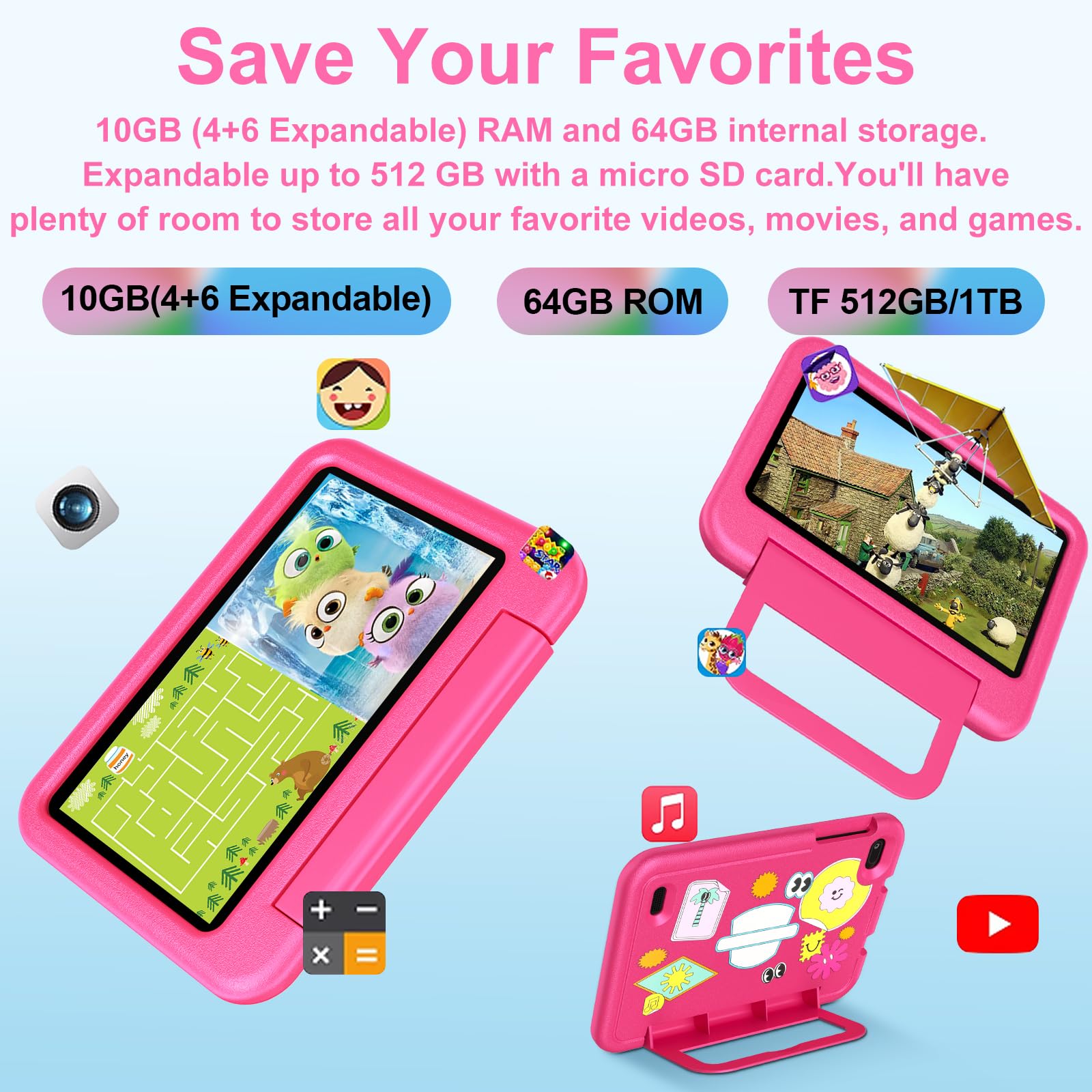 Tablet per Bambini Andorid 14 Tablets 7 Pollici 10GB RAM + 64GB ROM (TF 1TB), 5G WiFi 6, BT5.0, Octa-Core, Controllo Parentale | Doppia Fotocamera | GMS Certificated | GPS | Tablet con Custodia - Rosa