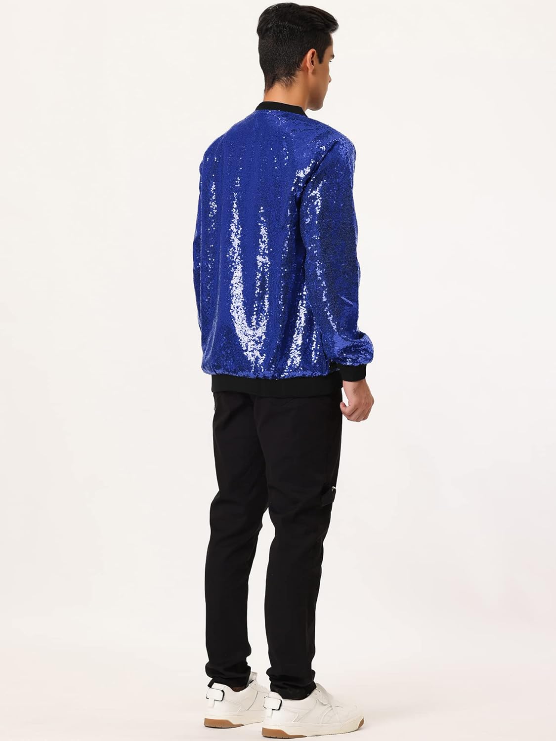 Lars Amadeus Men's Varsity Jacket Halloween Party Disco Shiny Sparkly Glitter Bomber Sequins Jacket - Image 5