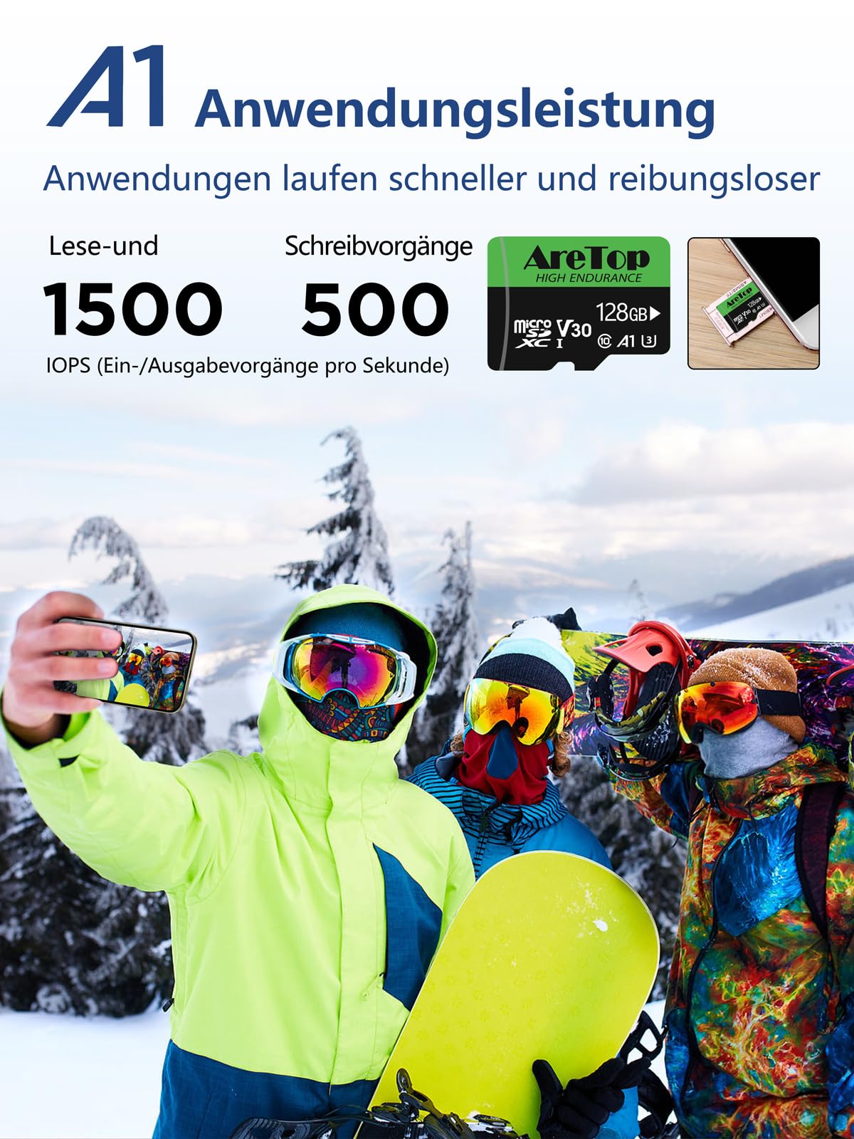 Aretop Scheda Micro SD da 128 GB, 2 pezzi, con 2 adattatori MicroSDXC, UHS-I U3 V30 A1, registrazione video Full HD Micro SD Memory Card per fotocamera/smartphone/drone/Dash Cam