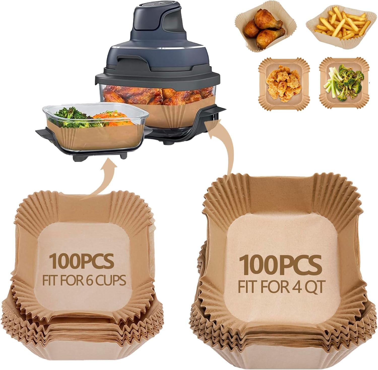 200PCS Custom Fit Air Fryer Liners for Ninja CRISPi FN101UK | 100 Large for 3.8L & 100 Small for 1.4L Glass Container | Heat-Resistant Non-Stick Parchment Paper | Disposable & Easy Clean