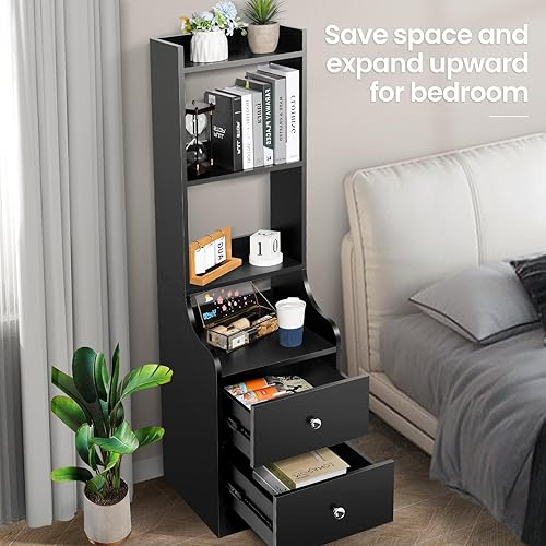 Miniatura 4 de Mesita de noche negra, mesa de noche moderna de 55 pulgadas con estantes abiertos de 4 niveles y 2 cajones, mesita de noche de madera con cajones