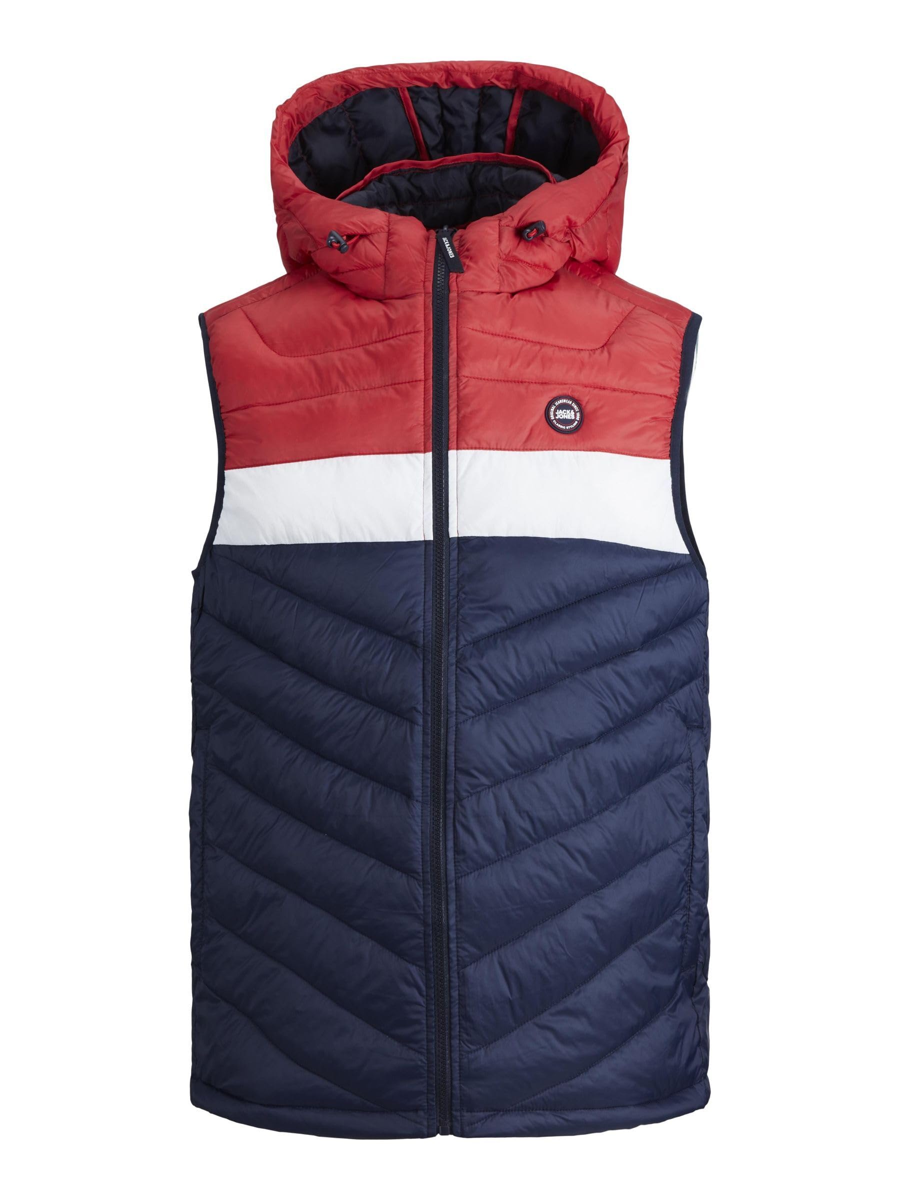 Jack & Jones Men's Navy Blazer/True Red Sleeveless Gilet Full Zip Lightweight Hooded Puffer Vest Quilted Bodywarmer Jacket For Colour, Size- L
