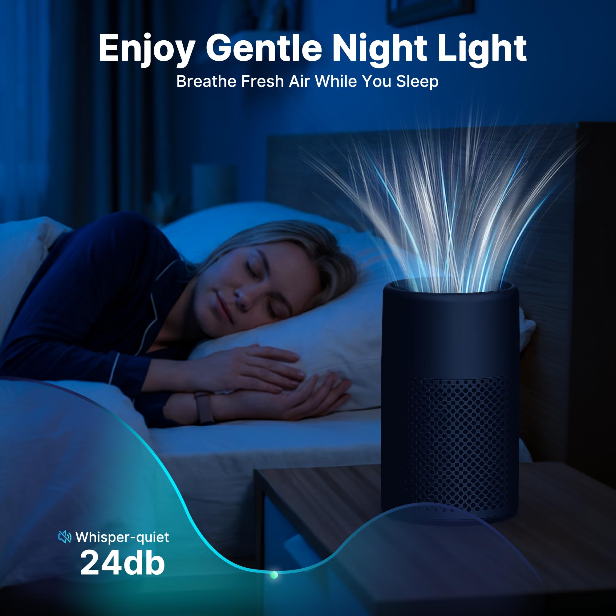 Confezione da 1 purificatore d'aria per camera da letto e casa, vero filtro HEPA per polvere, fumo, peli di animali domestici, piccolo purificatore d'aria con modalità sleep per camera da letto e