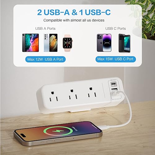 Miniatura 4 de Regleta de alimentación con abrazadera de escritorio de 3 salidas con USB C, enchufe plano blanco, enchufe plano blanco, enchufe de abrazadera de