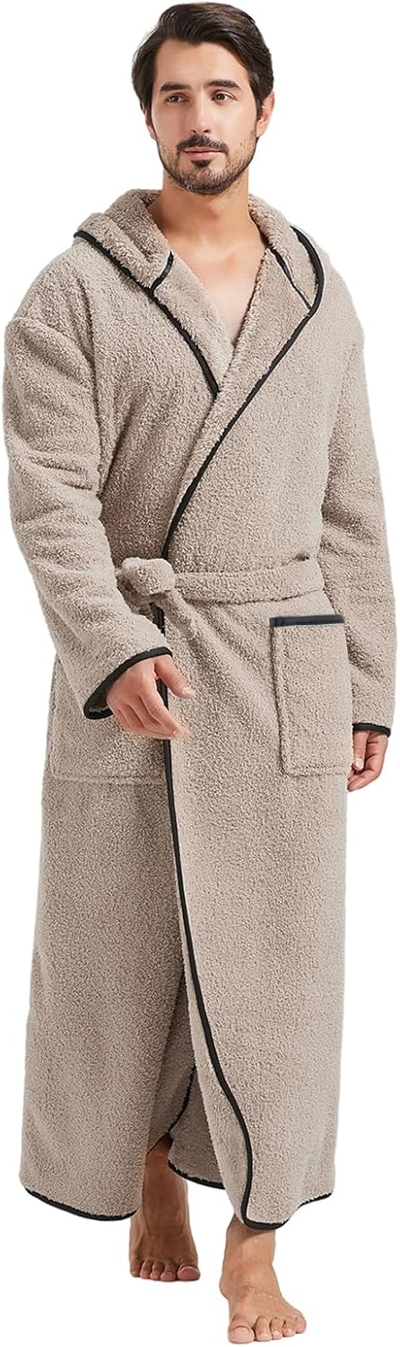 FashGudim 400g Mens Plush Robe with Hood Full Length Winter Long Luxury Hooded Bathrobe for Men Big and Tall
