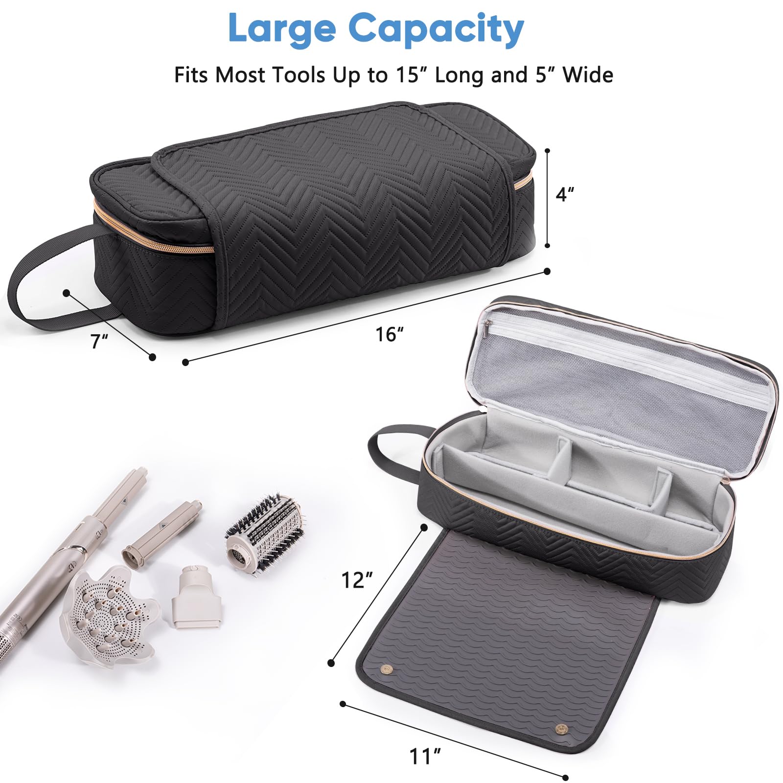 "ELCUPA 2-in-1 Reisetasche für Haarwerkzeuge mit hitzebeständiger Matte für Glätteisen, Glätteisen, Lockenstäbe und Haartrockner-Etui, kompatibel mit AC-Haartrockner