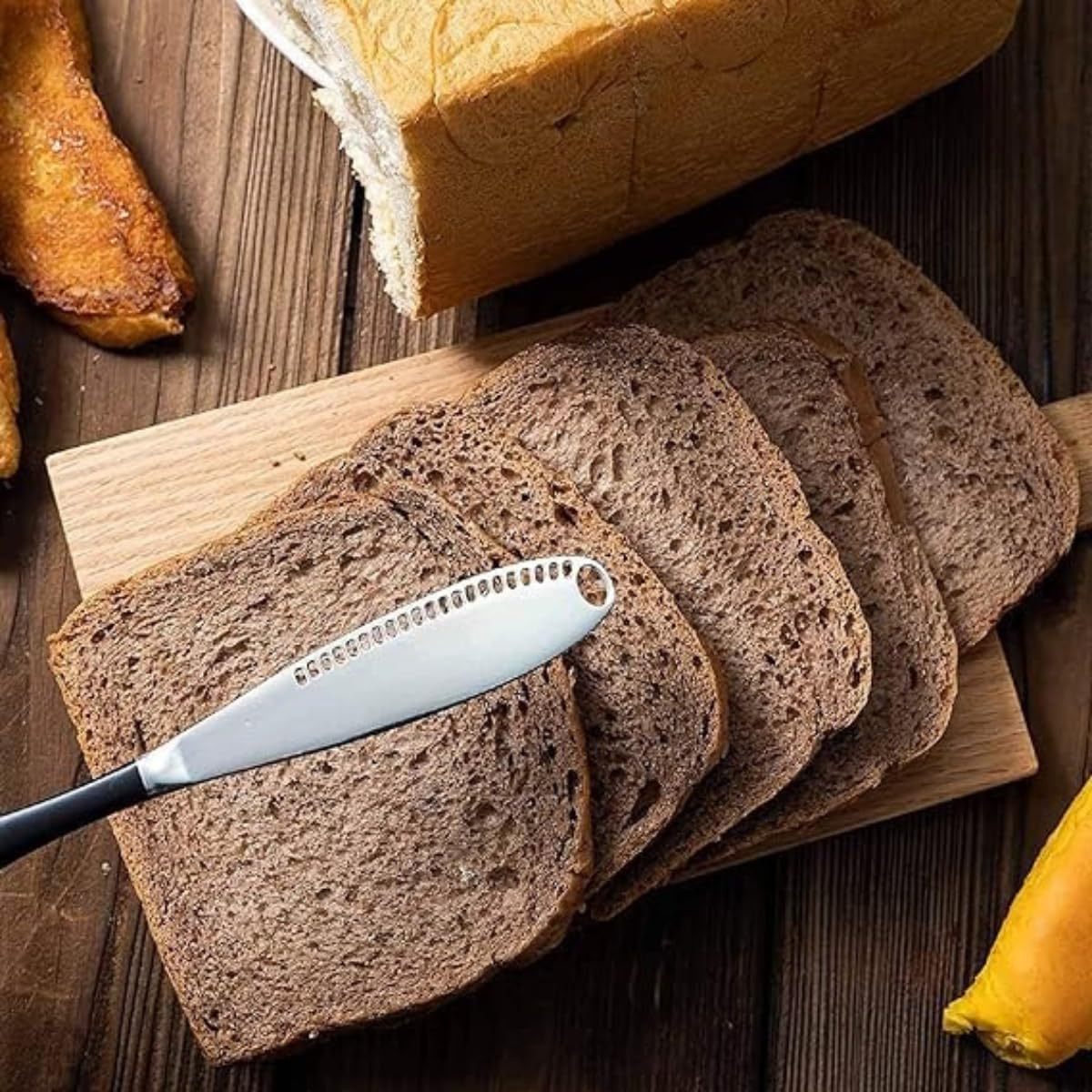 HomeAra Versatile 3-in-1 Stainless Steel Butter Knife Serrated Edge, Shredding Slots, Easy to Hold Spreader for Bread, Butter, Cheese, and Jam Slicing (Pack Of-1 Gold Black) 4