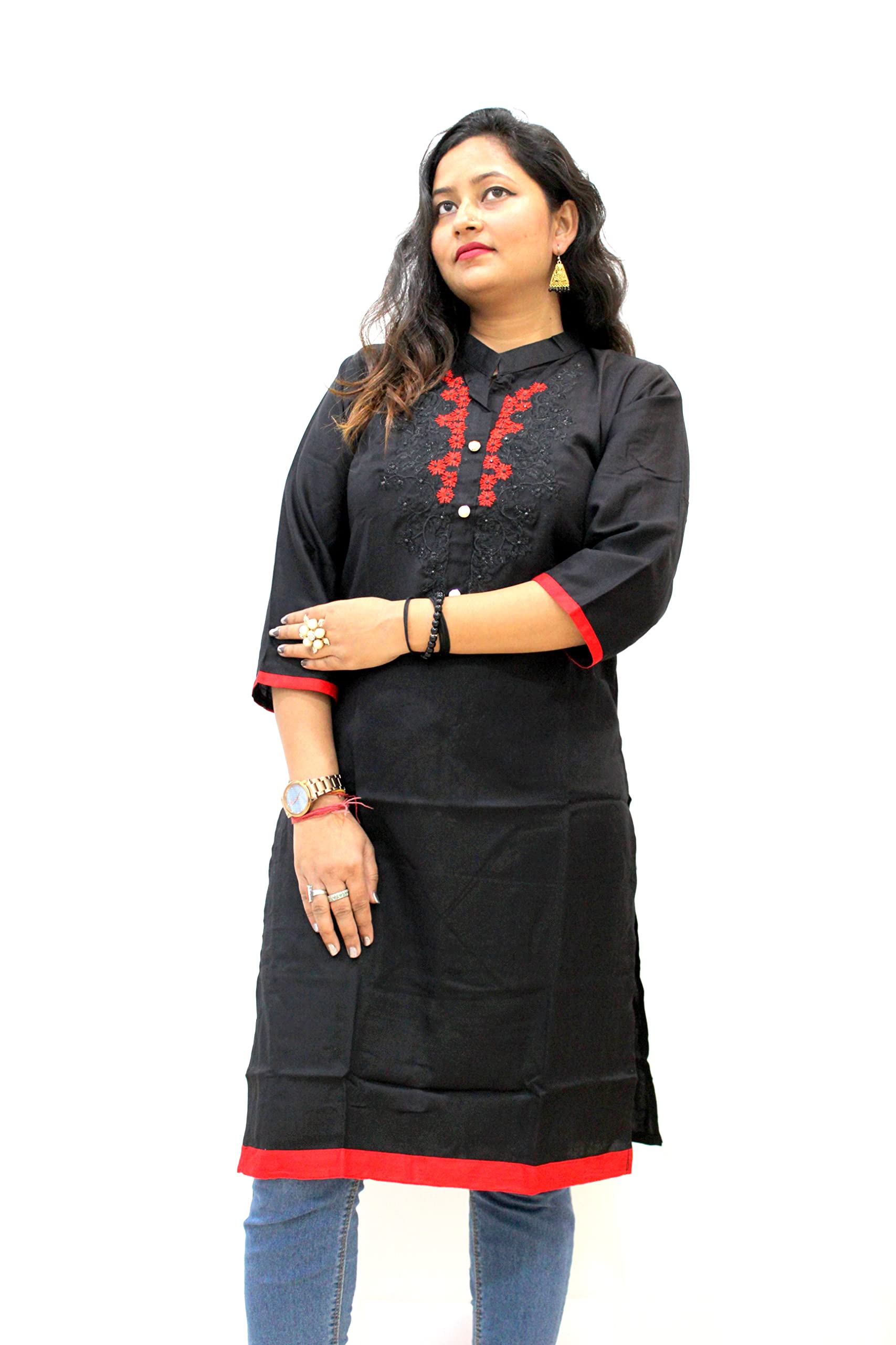 Mado Women's Blended Embroidery Kurti with Collar (Black, X-Large)